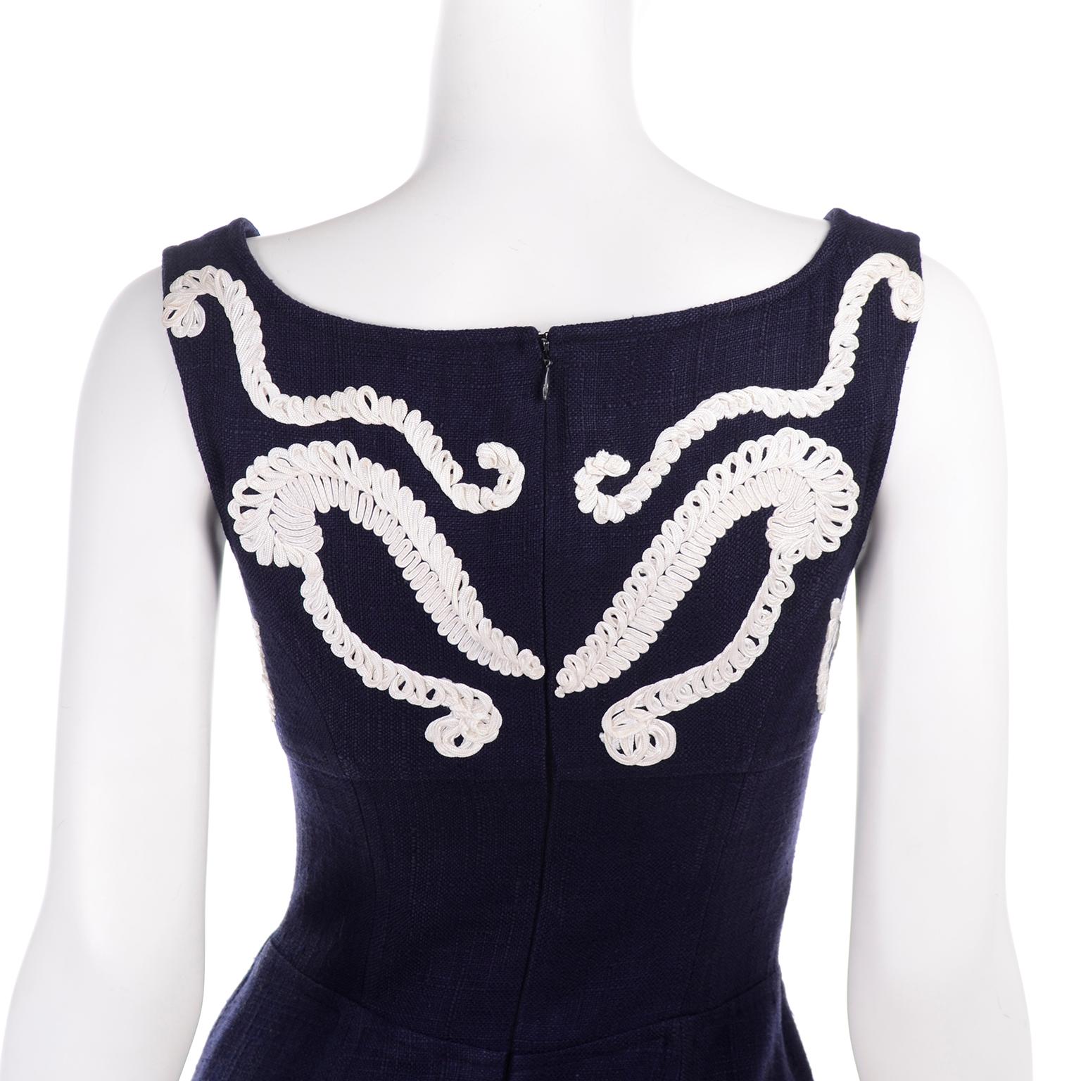 1993 Christian Lacroix Vintage Midnight Blue Dress W/ White Soutache Embroidery For Sale 2