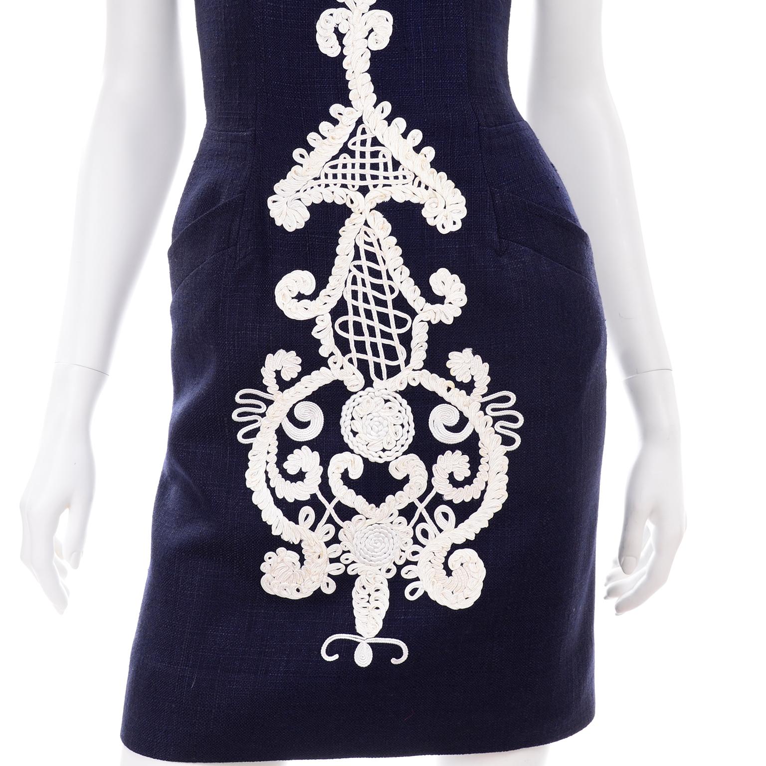 1993 Christian Lacroix Vintage Midnight Blue Dress W/ White Soutache Embroidery For Sale 4
