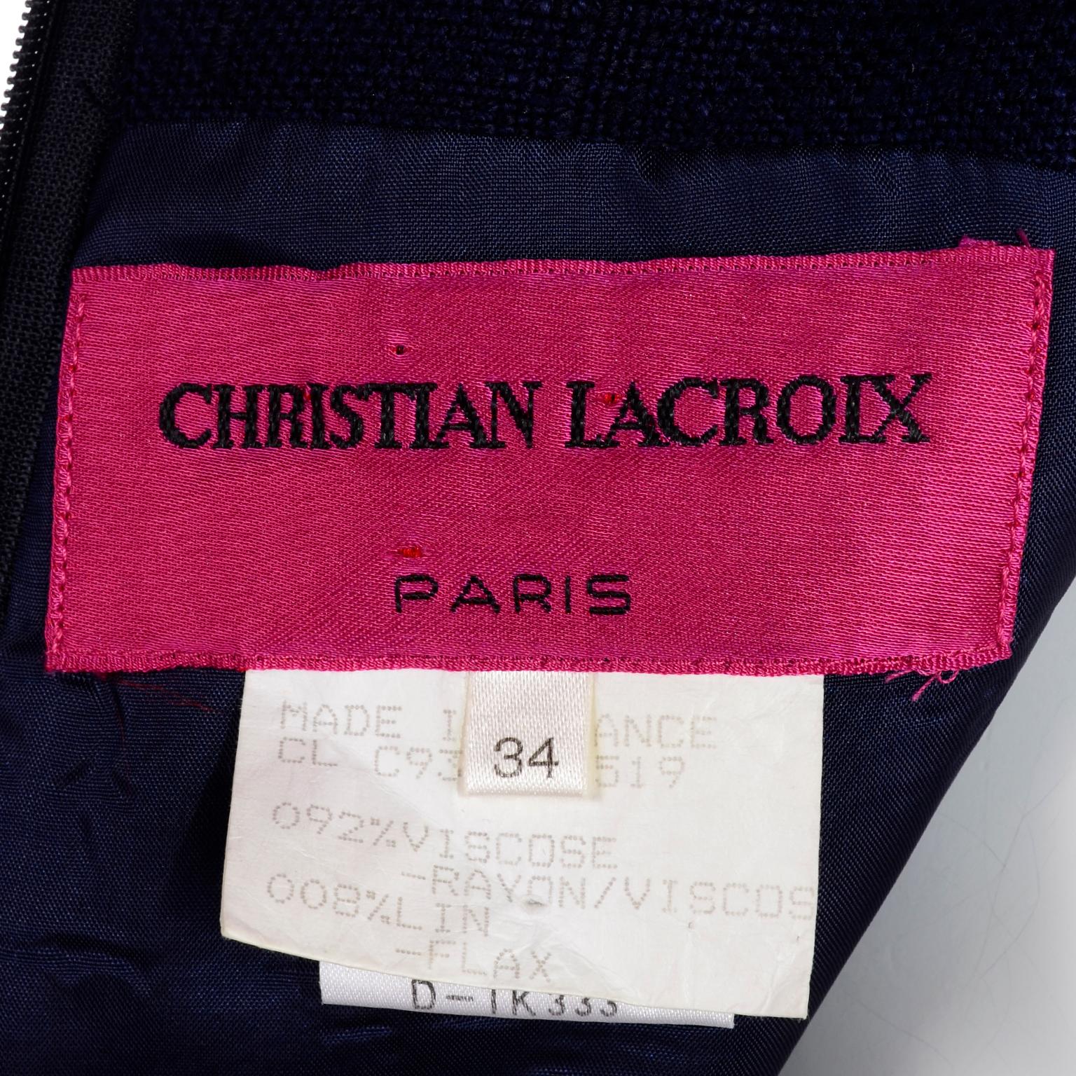 1993 Christian Lacroix Vintage Midnight Blue Dress W/ White Soutache Embroidery For Sale 6