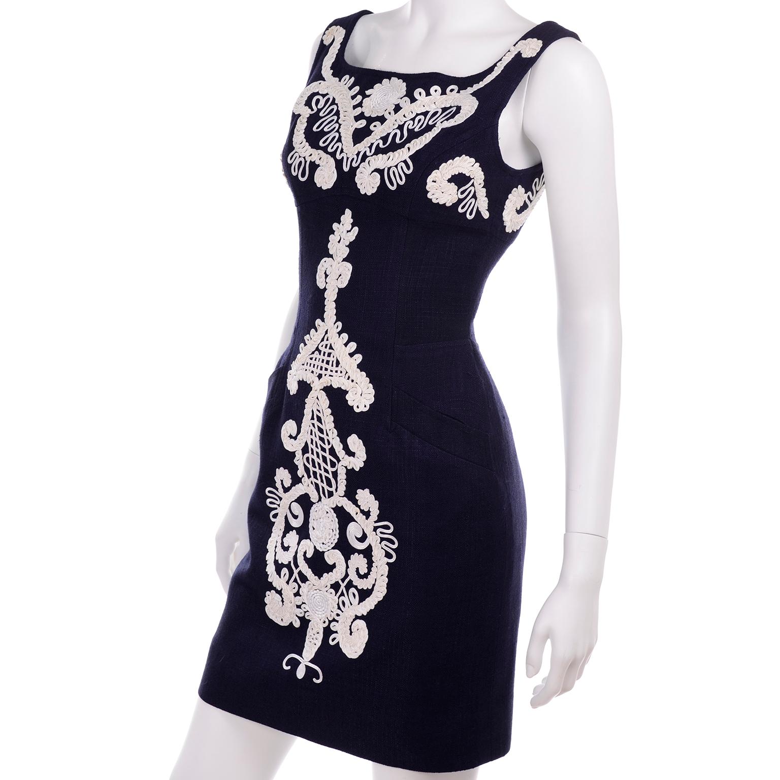 Black 1993 Christian Lacroix Vintage Midnight Blue Dress W/ White Soutache Embroidery For Sale