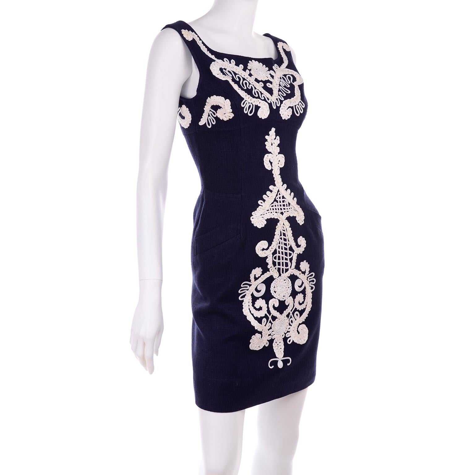 1993 Christian Lacroix Vintage Midnight Blue Dress W/ White Soutache Embroidery In Excellent Condition For Sale In Portland, OR