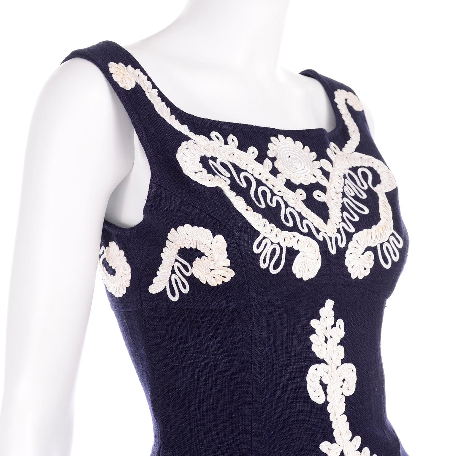 Women's 1993 Christian Lacroix Vintage Midnight Blue Dress W/ White Soutache Embroidery For Sale