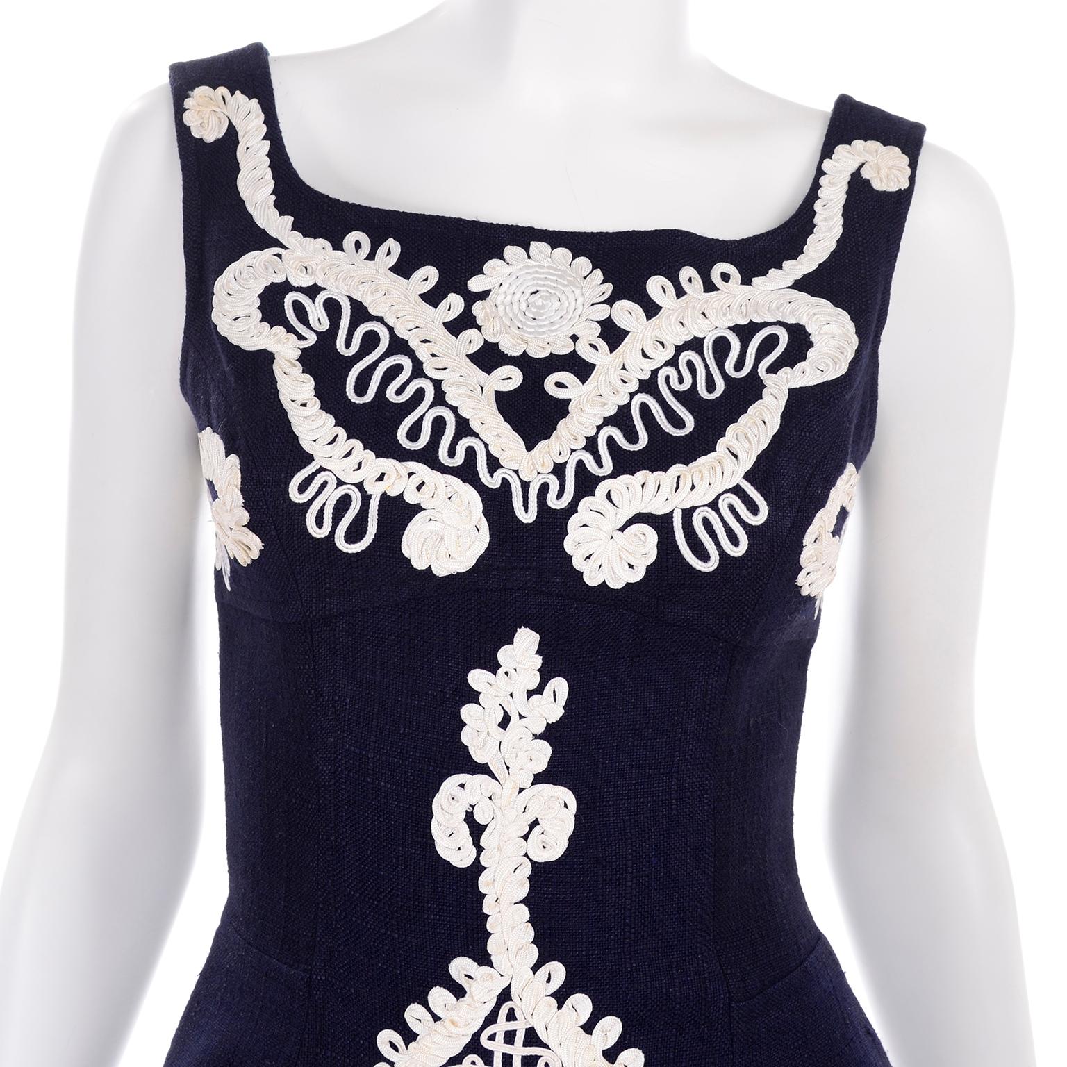 1993 Christian Lacroix Vintage Midnight Blue Dress W/ White Soutache Embroidery For Sale 1