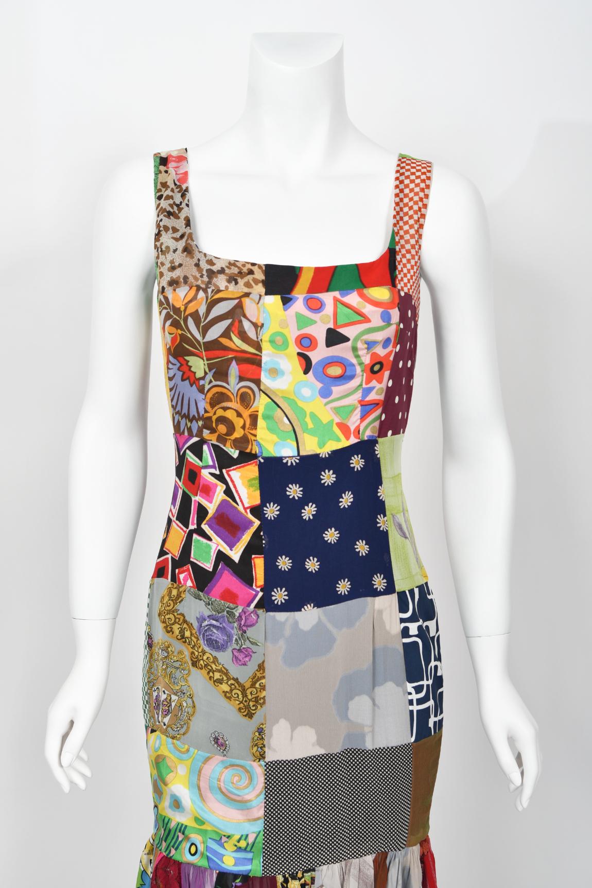 1993 Dolce & Gabbana Documented Colorful Patchwork Hourglass Flounce Silk Gown For Sale 5