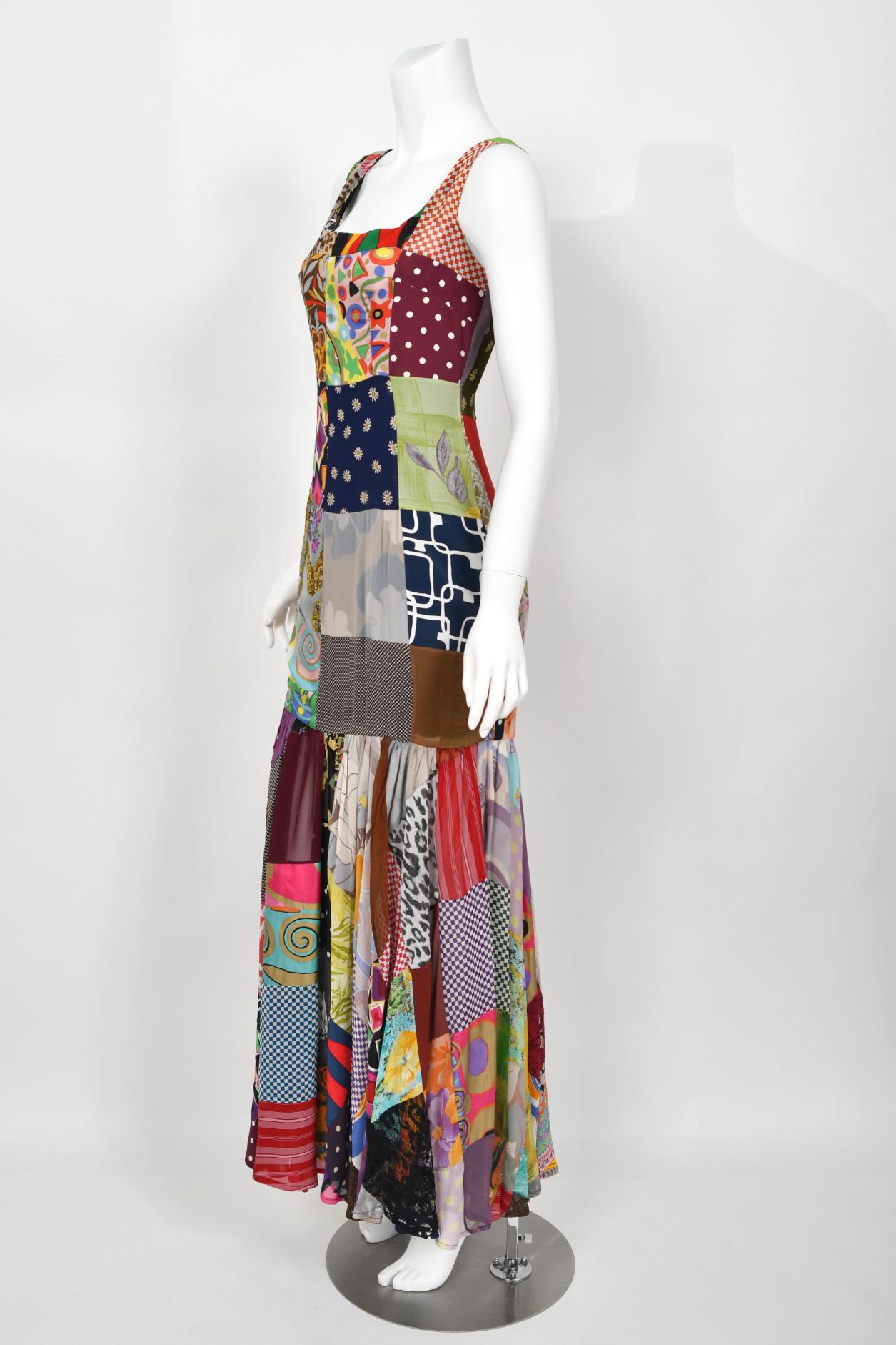 1993 Dolce & Gabbana Documented Colorful Patchwork Hourglass Flounce Silk Gown For Sale 6
