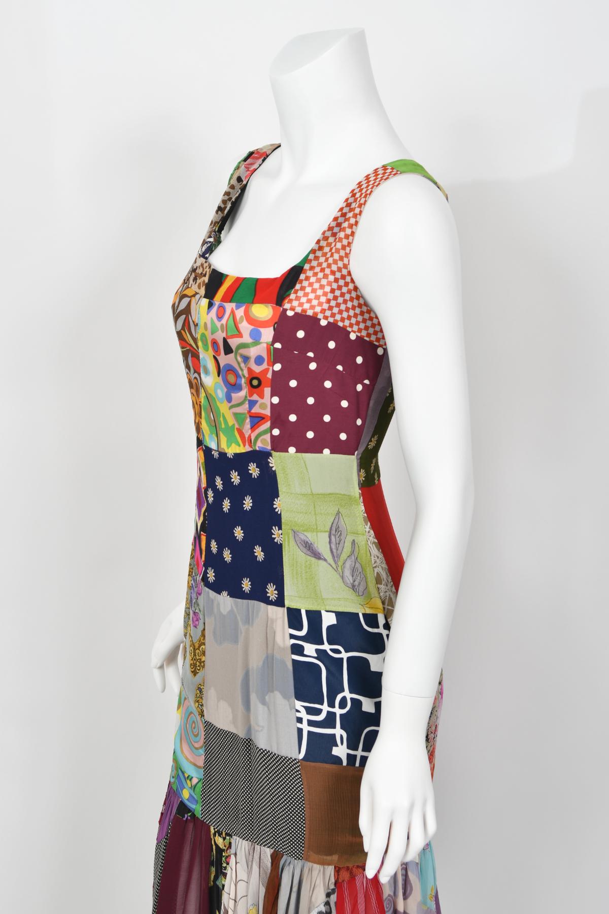 1993 Dolce & Gabbana Documented Colorful Patchwork Hourglass Flounce Silk Gown For Sale 7