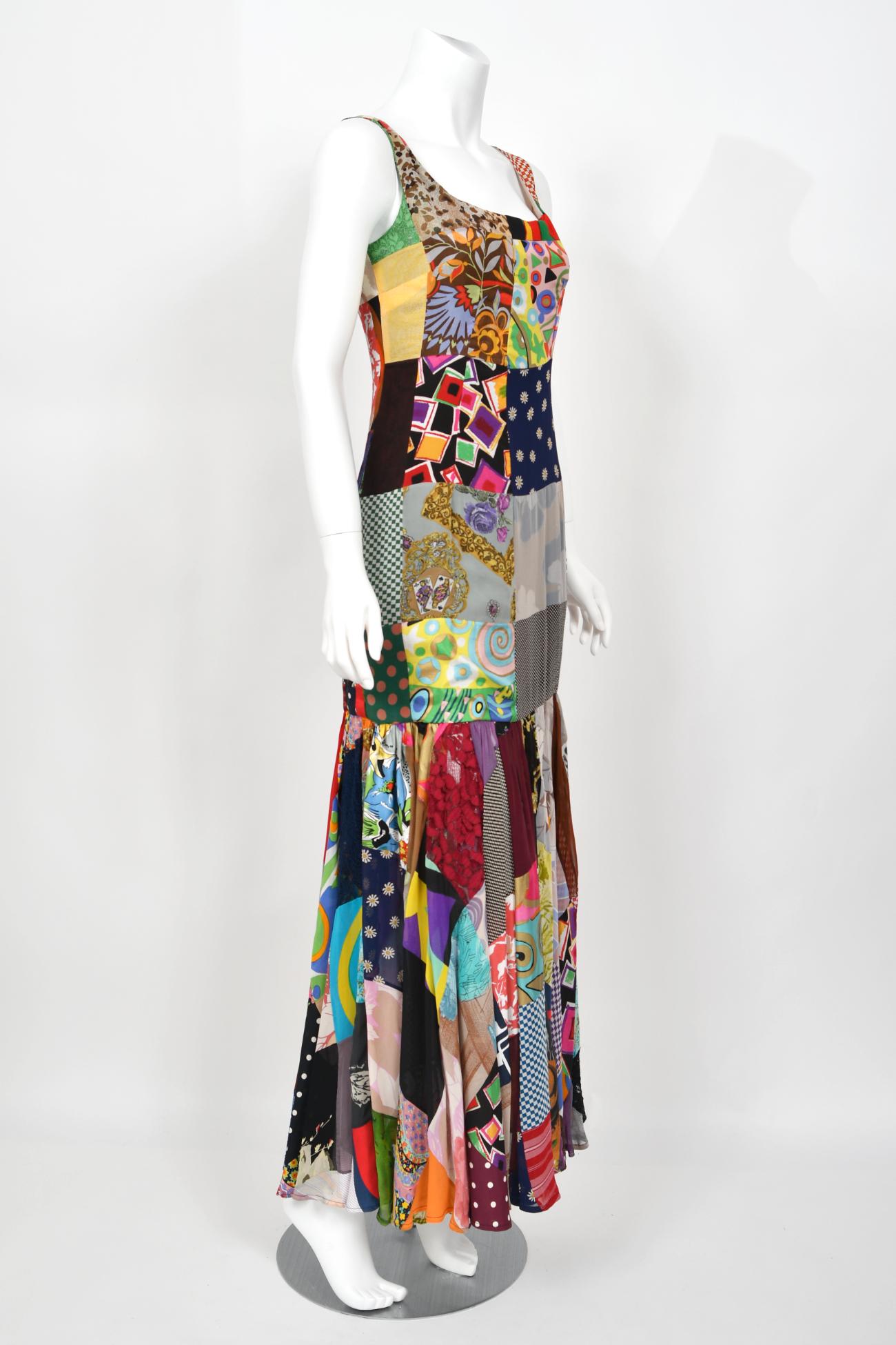 1993 Dolce & Gabbana Documented Colorful Patchwork Hourglass Flounce Silk Gown For Sale 8