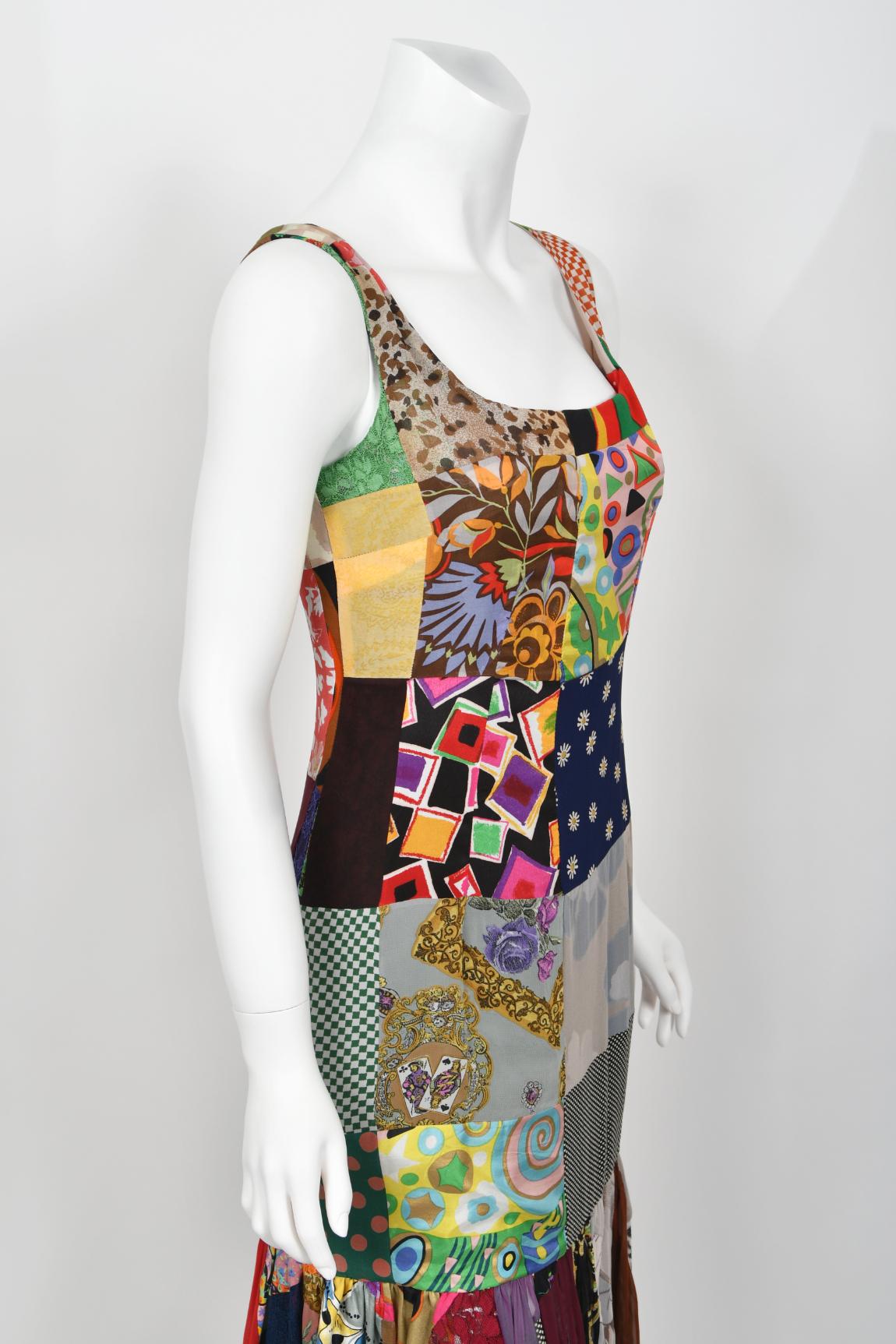 1993 Dolce & Gabbana Documented Colorful Patchwork Hourglass Flounce Silk Gown For Sale 9