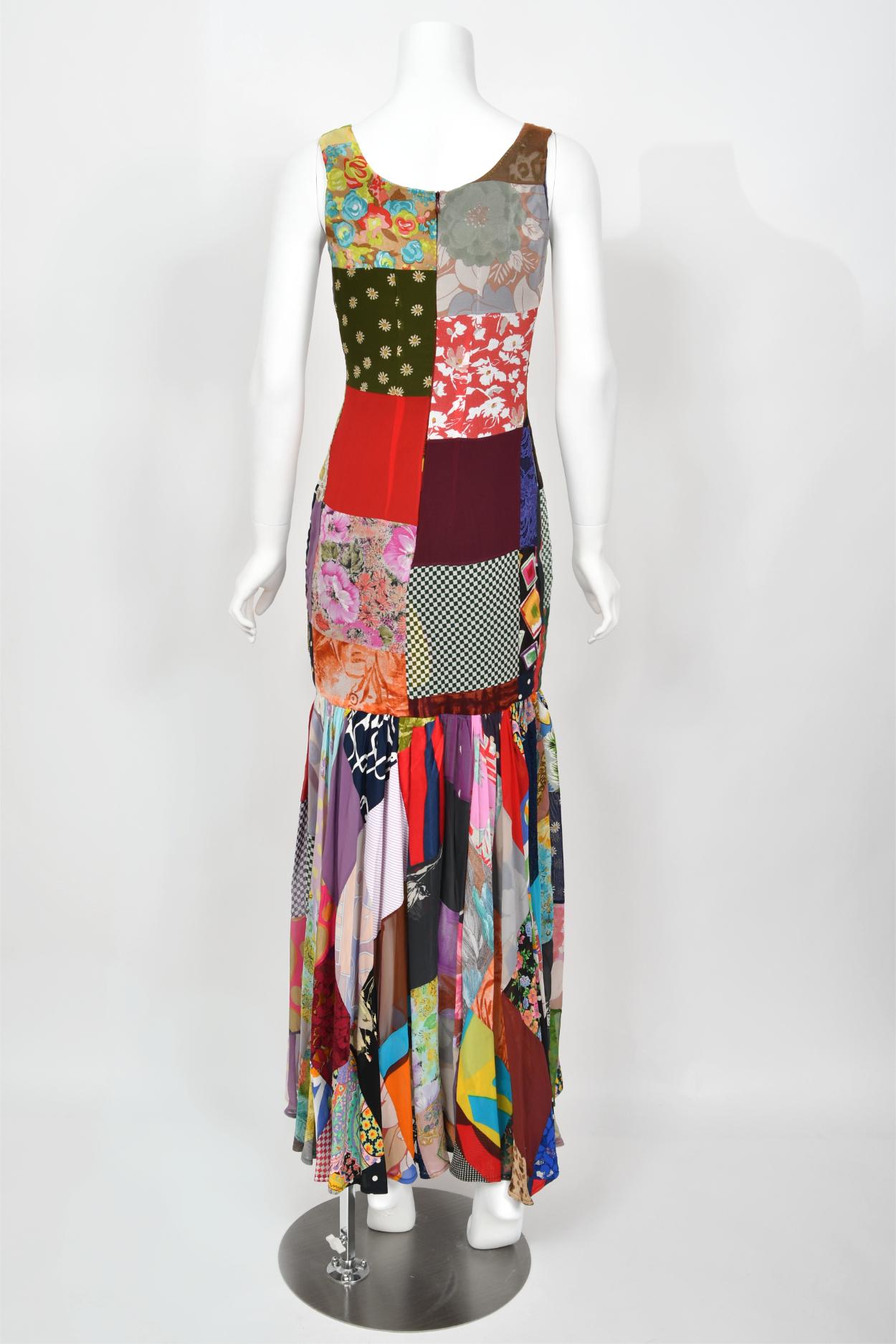 1993 Dolce & Gabbana Documented Colorful Patchwork Hourglass Flounce Silk Gown For Sale 11