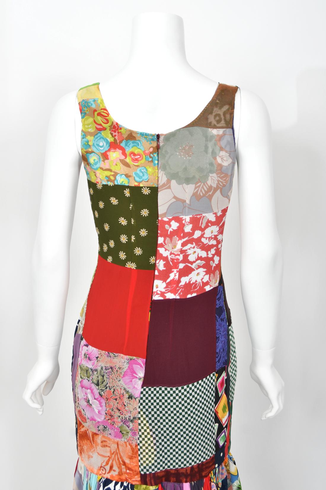 1993 Dolce & Gabbana Documented Colorful Patchwork Hourglass Flounce Silk Gown For Sale 12