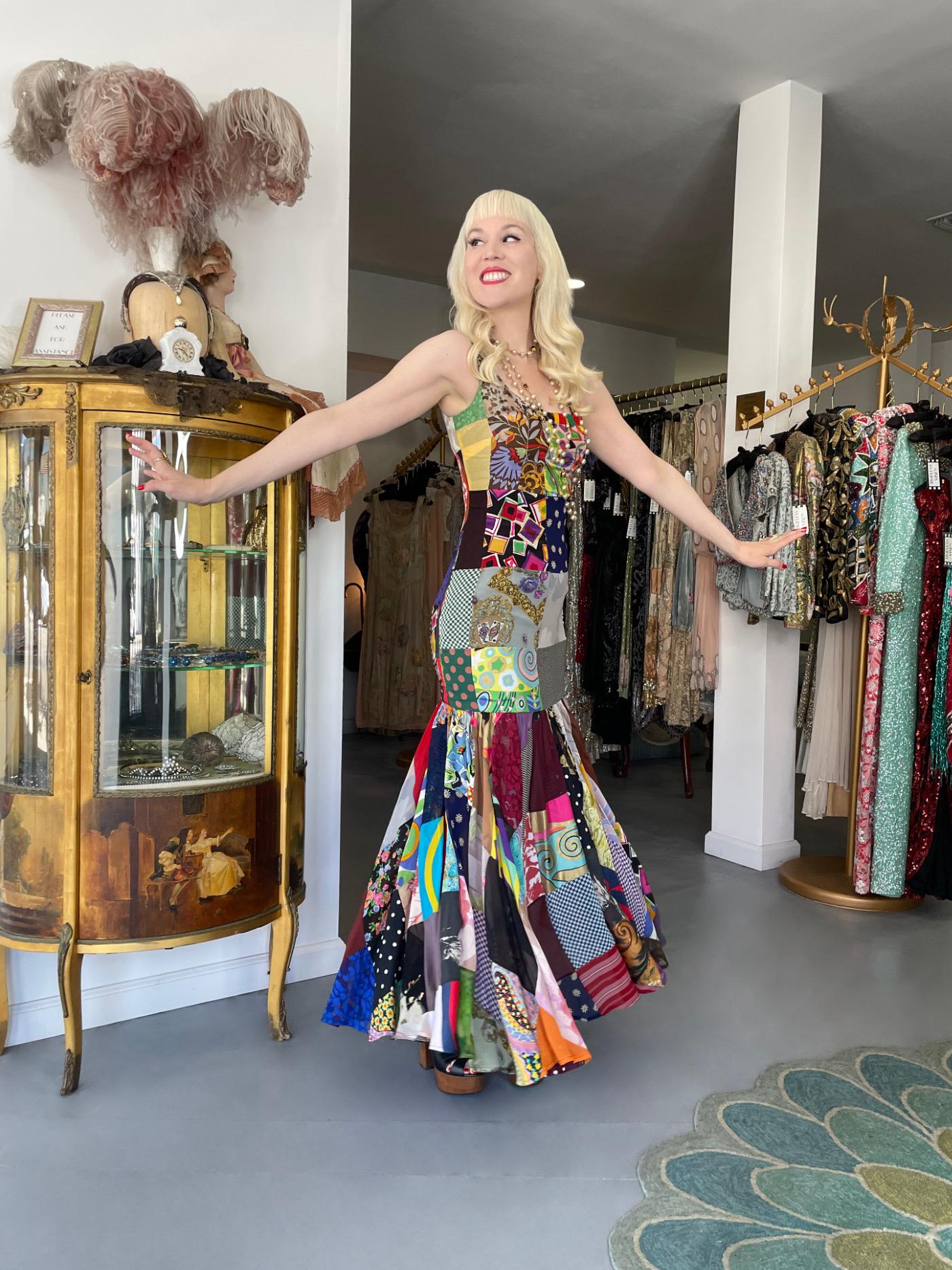 1993 Dolce & Gabbana Documented Colorful Patchwork Hourglass Flounce Silk Gown In Good Condition For Sale In Beverly Hills, CA