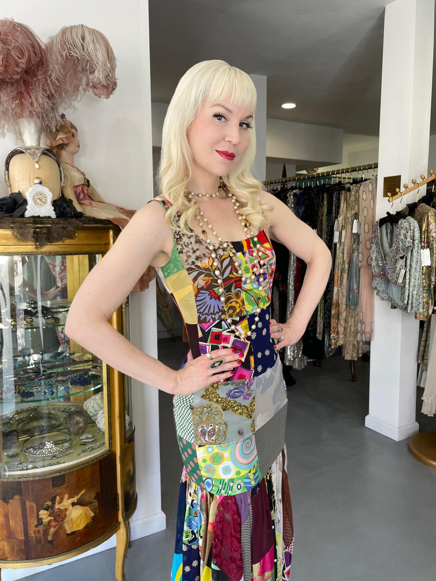Women's 1993 Dolce & Gabbana Documented Colorful Patchwork Hourglass Flounce Silk Gown For Sale