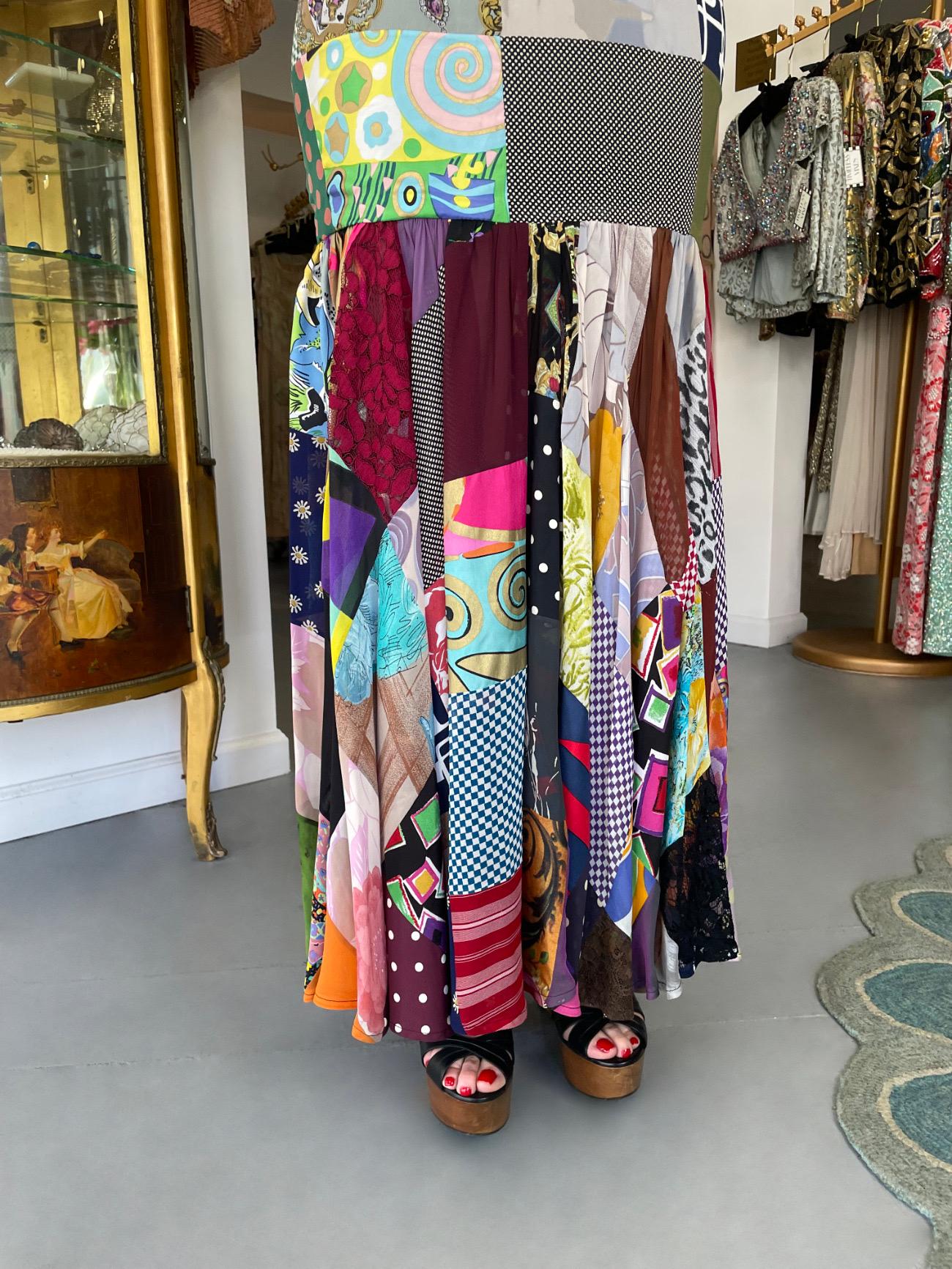 1993 Dolce & Gabbana Documented Colorful Patchwork Hourglass Flounce Silk Gown For Sale 1