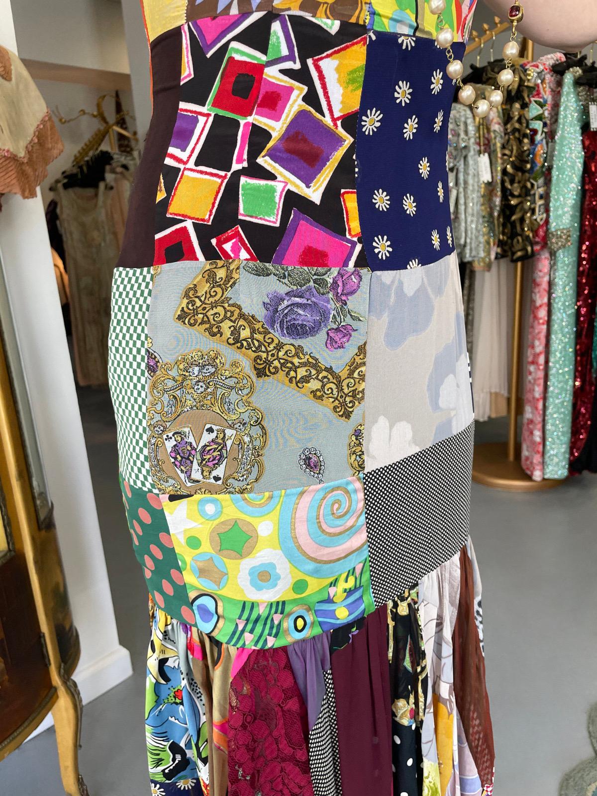 1993 Dolce & Gabbana Documented Colorful Patchwork Hourglass Flounce Silk Gown For Sale 2