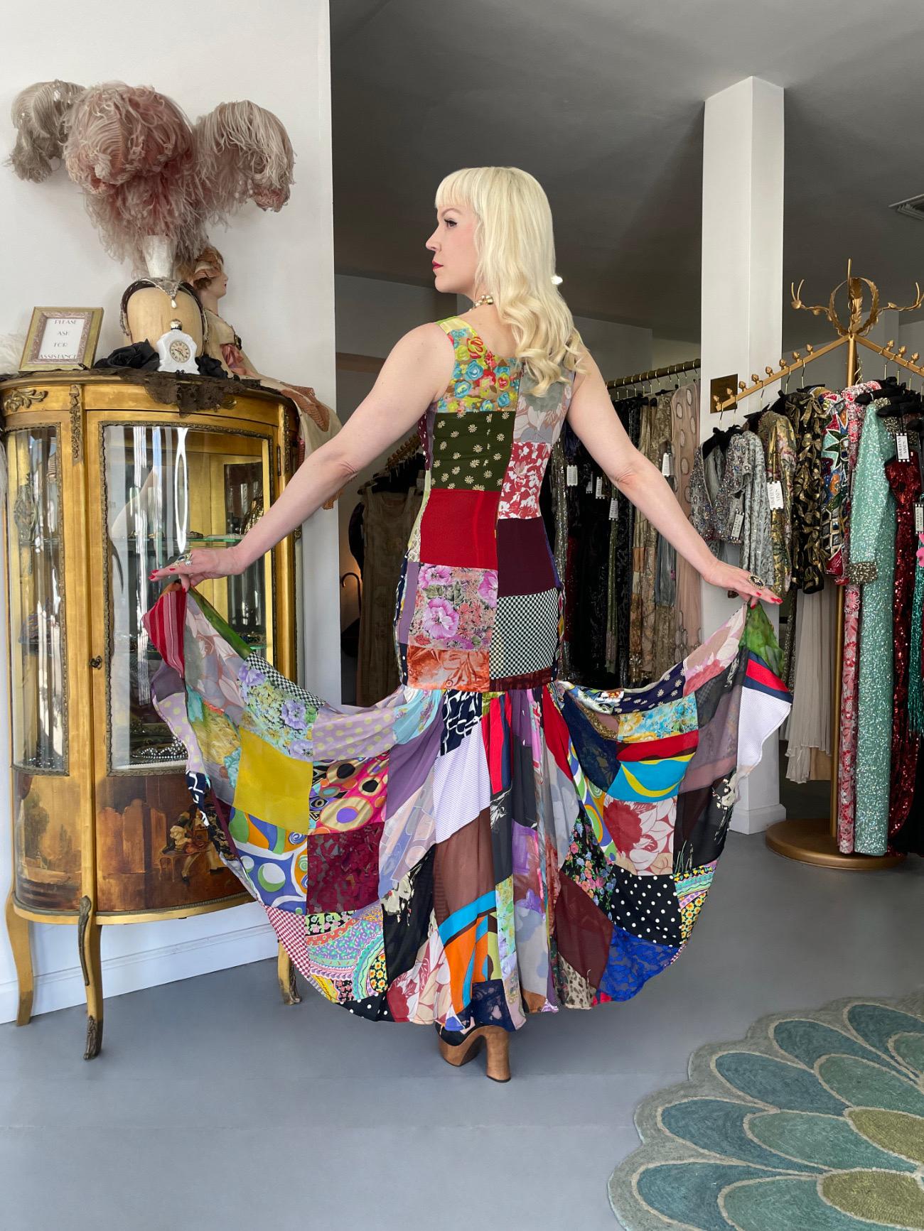 1993 Dolce & Gabbana Documented Colorful Patchwork Hourglass Flounce Silk Gown For Sale 3