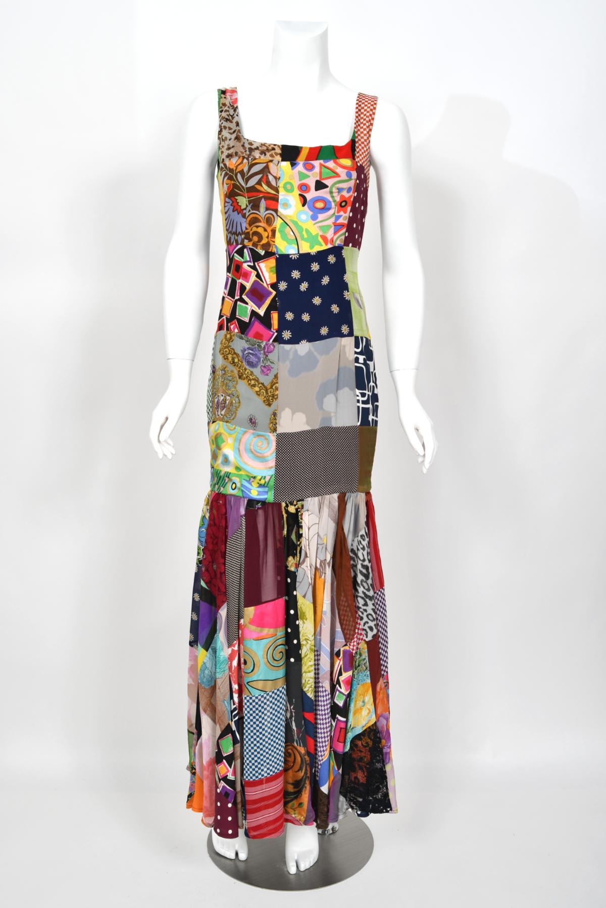 1993 Dolce & Gabbana Documented Colorful Patchwork Hourglass Flounce Silk Gown For Sale 4