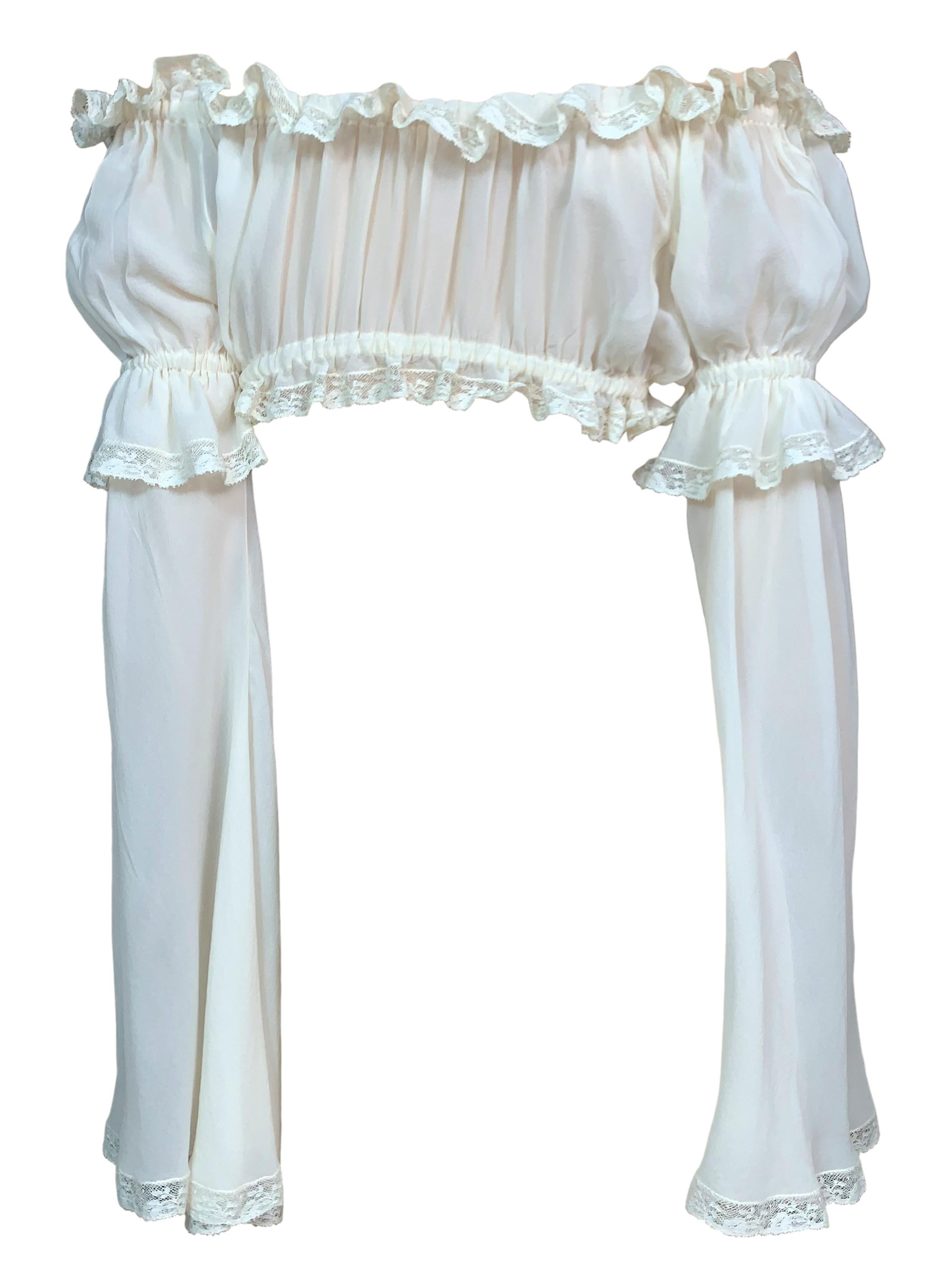 Gray 1993 Dolce & Gabbana Sheer Ivory Silk Off Shoulder Bell Sleeve Crop Top