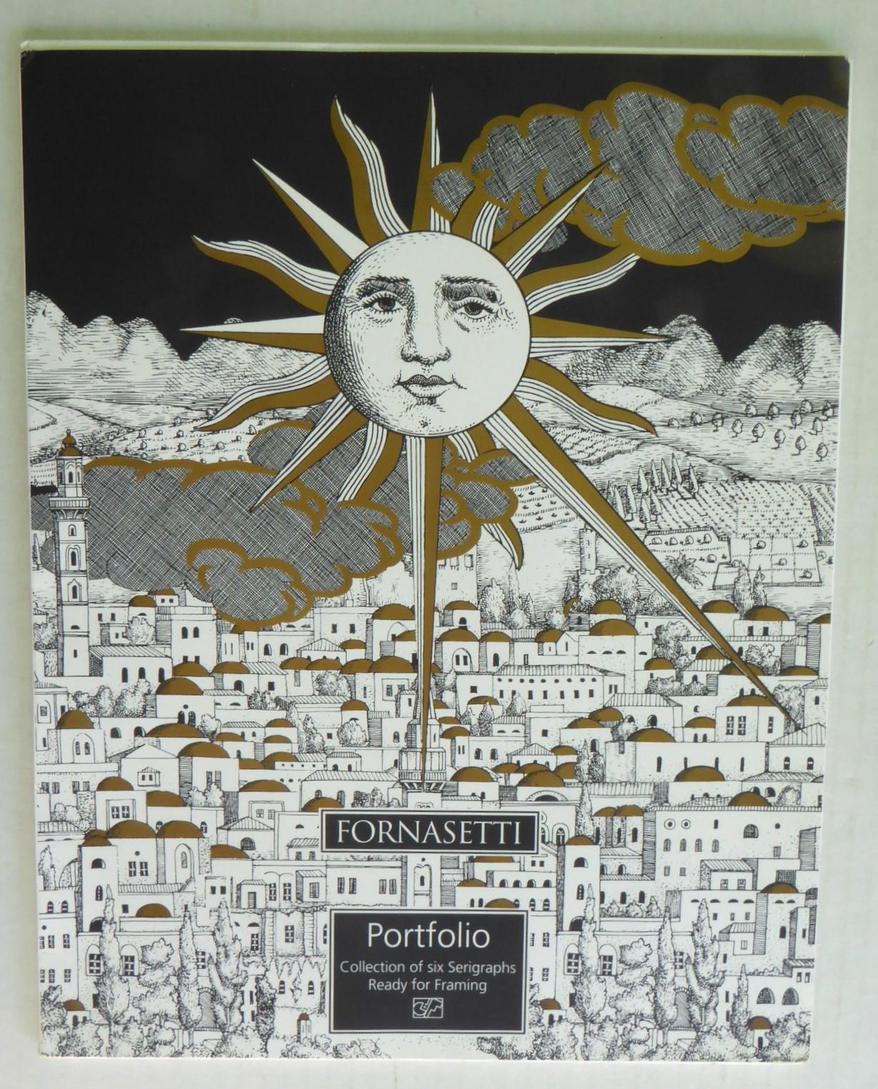 The complete portfolio from the series Sole e Lune containing 6 Fine Art Silkscreen by Piero Fornasetti published in France by Graphique de France in 1993. This portfolio was exclusively created for Pier One. The prints are gold with black