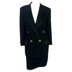 1993 Gianni Versace Black Rhinestone Enamel Medusa Satin Trim Skirt Suit