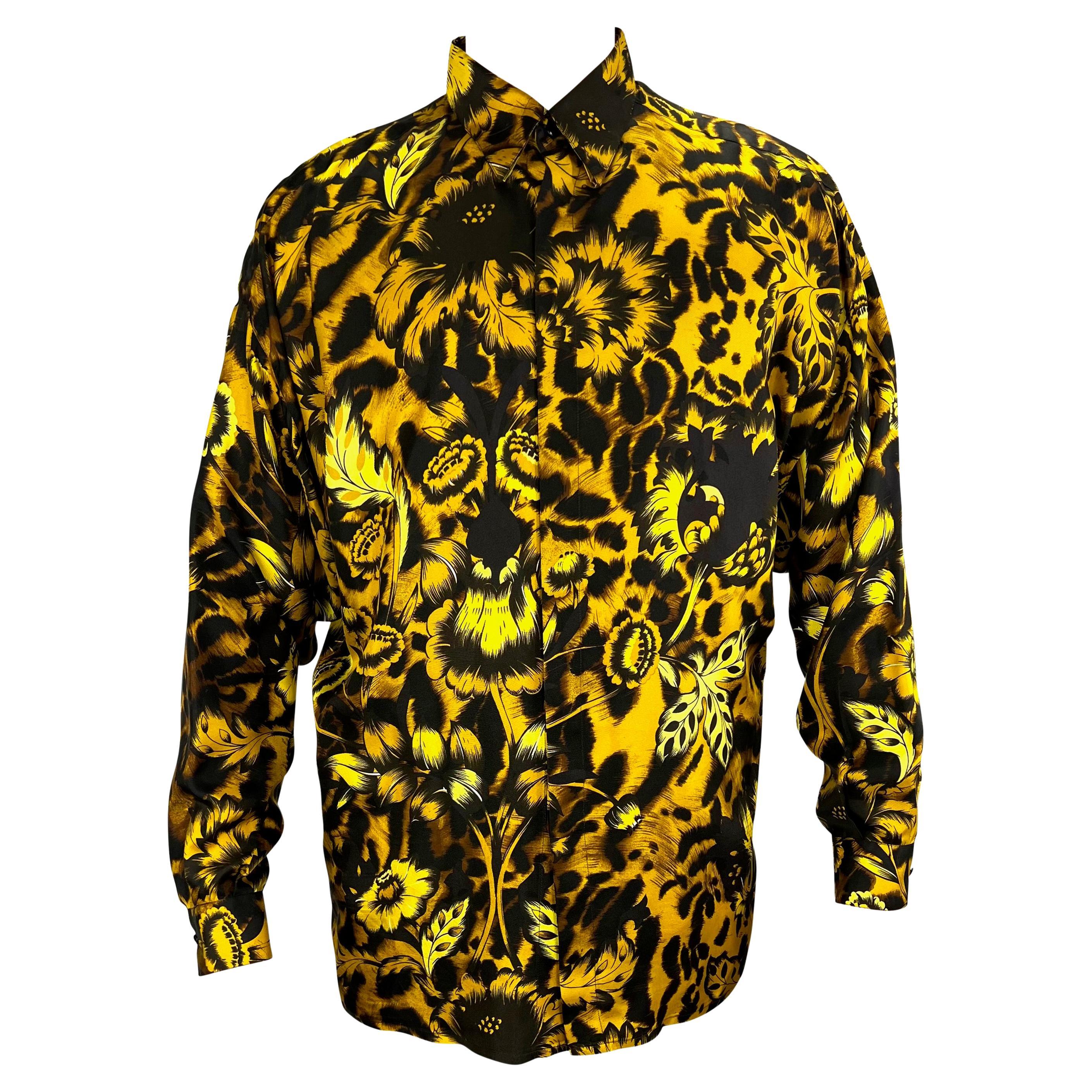 1993 Gianni Versace Gold Animal Print Floral Silk Men's Button Up