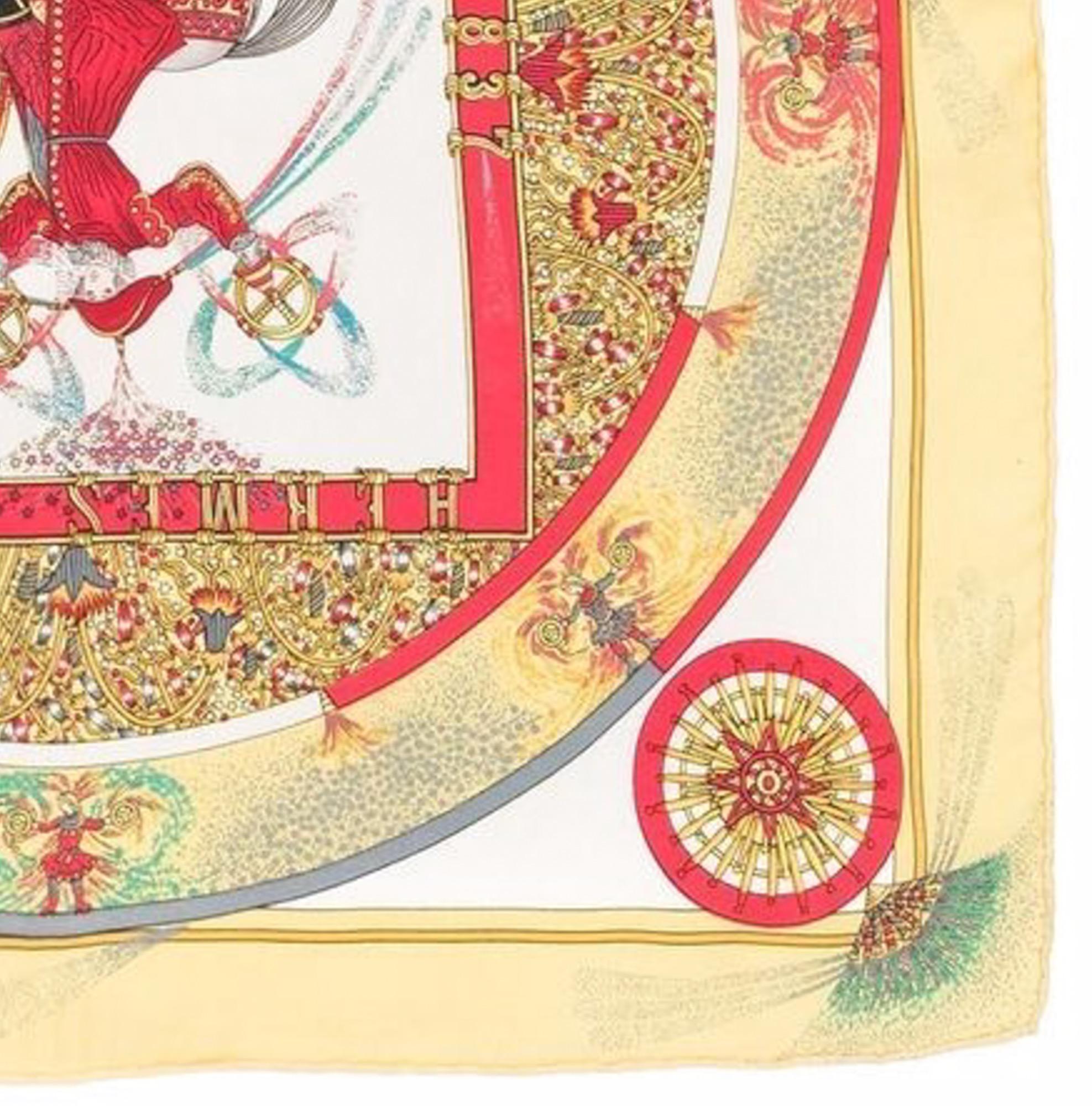 Women's or Men's 1993 Hermes Yellow Feux d Artifice by Michel Duchene Silk Scarf