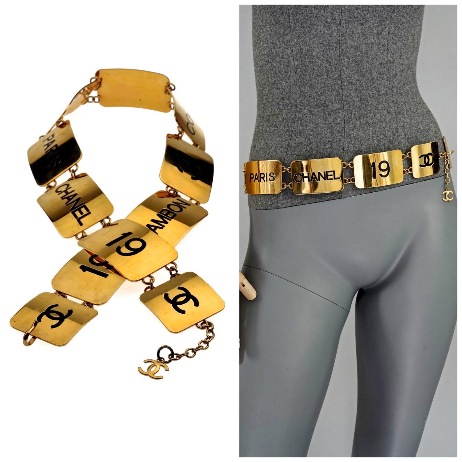 Women's 1993 Iconic CHANEL Address Logo Plate Link Belt For Sale