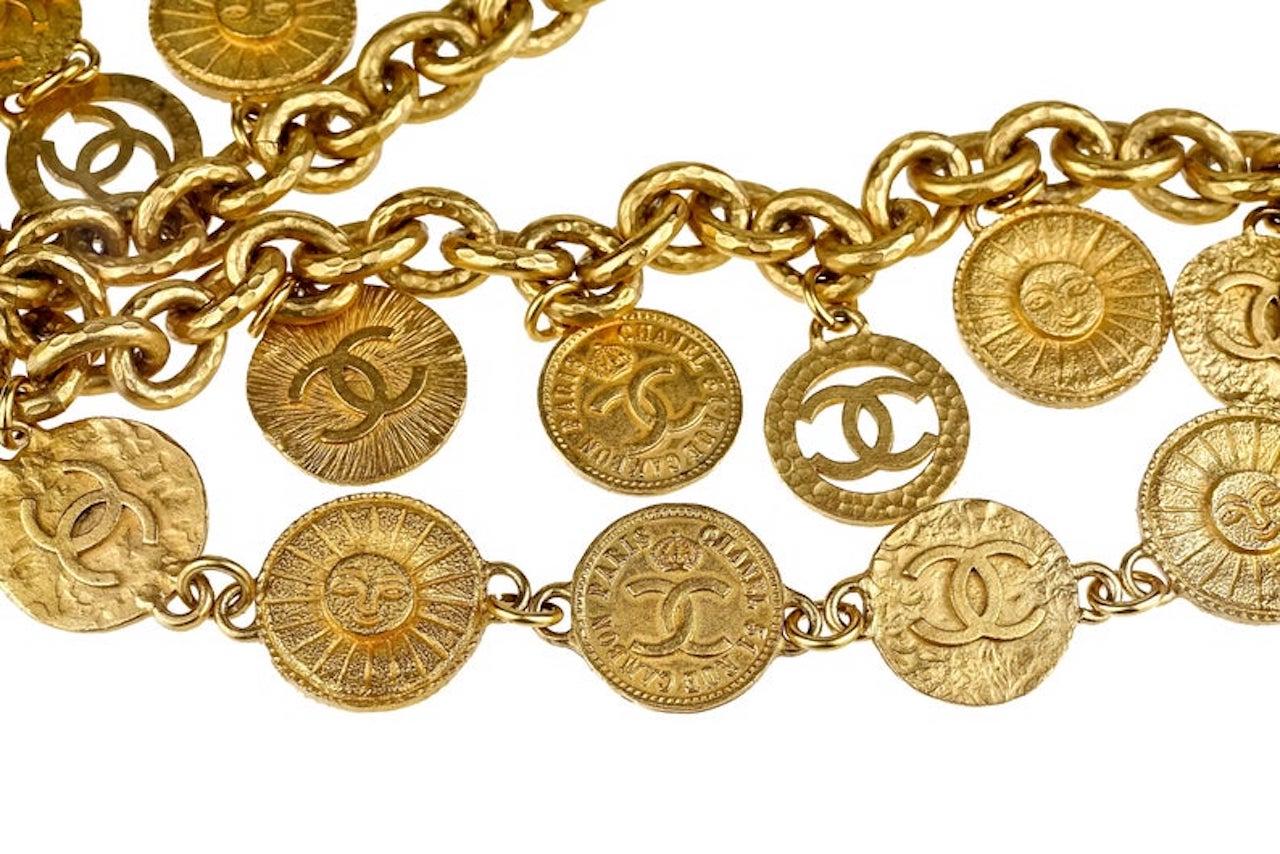 Brown 1993 ICONIC CHANEL Logo Coin Medallion Charm Multi Layer Chain Necklace Belt