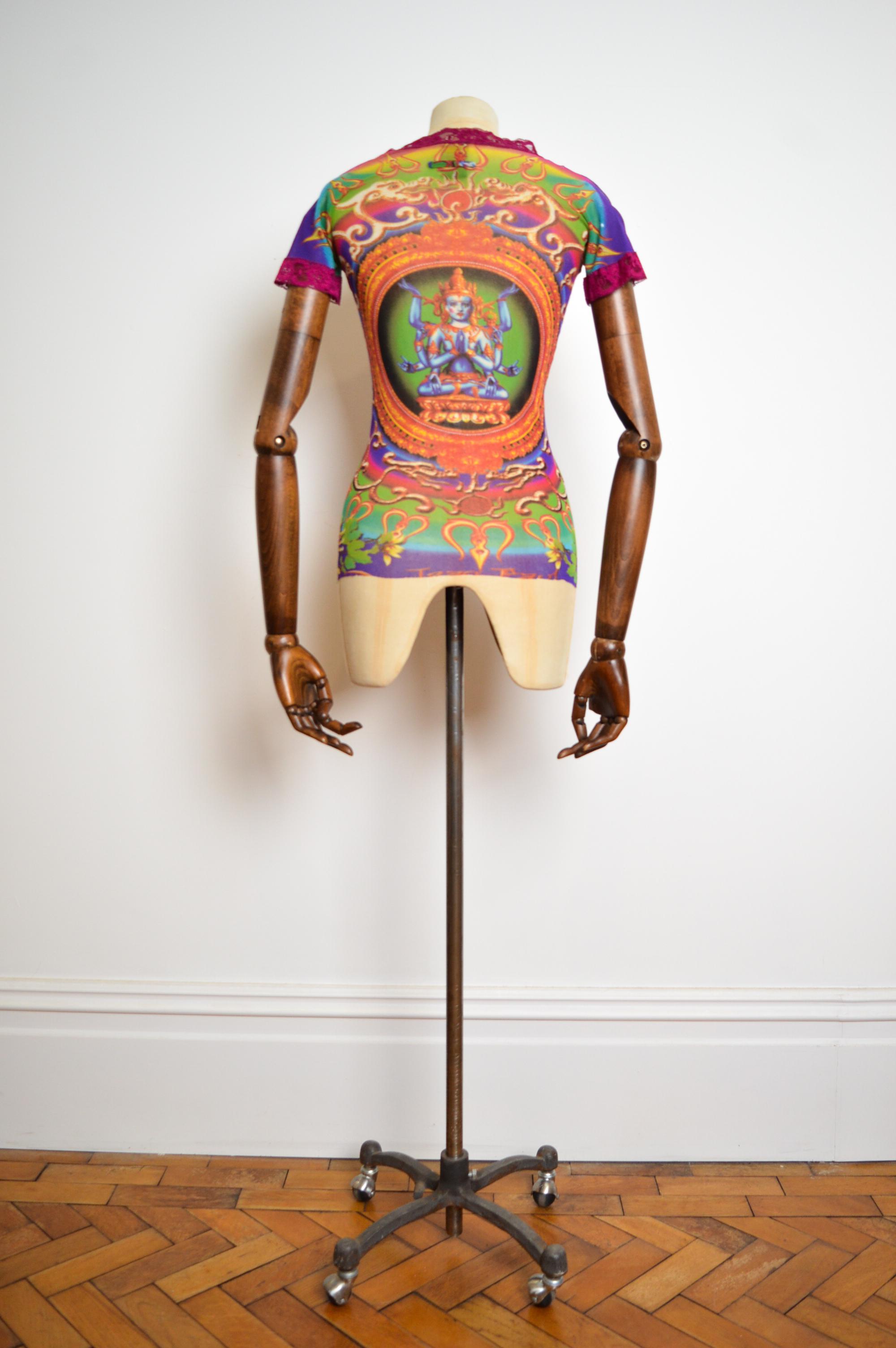 1993 Jean Paul Gaultier Blue Goddess Hindu Diety Colourful Mesh Top - Baby Tee For Sale 7
