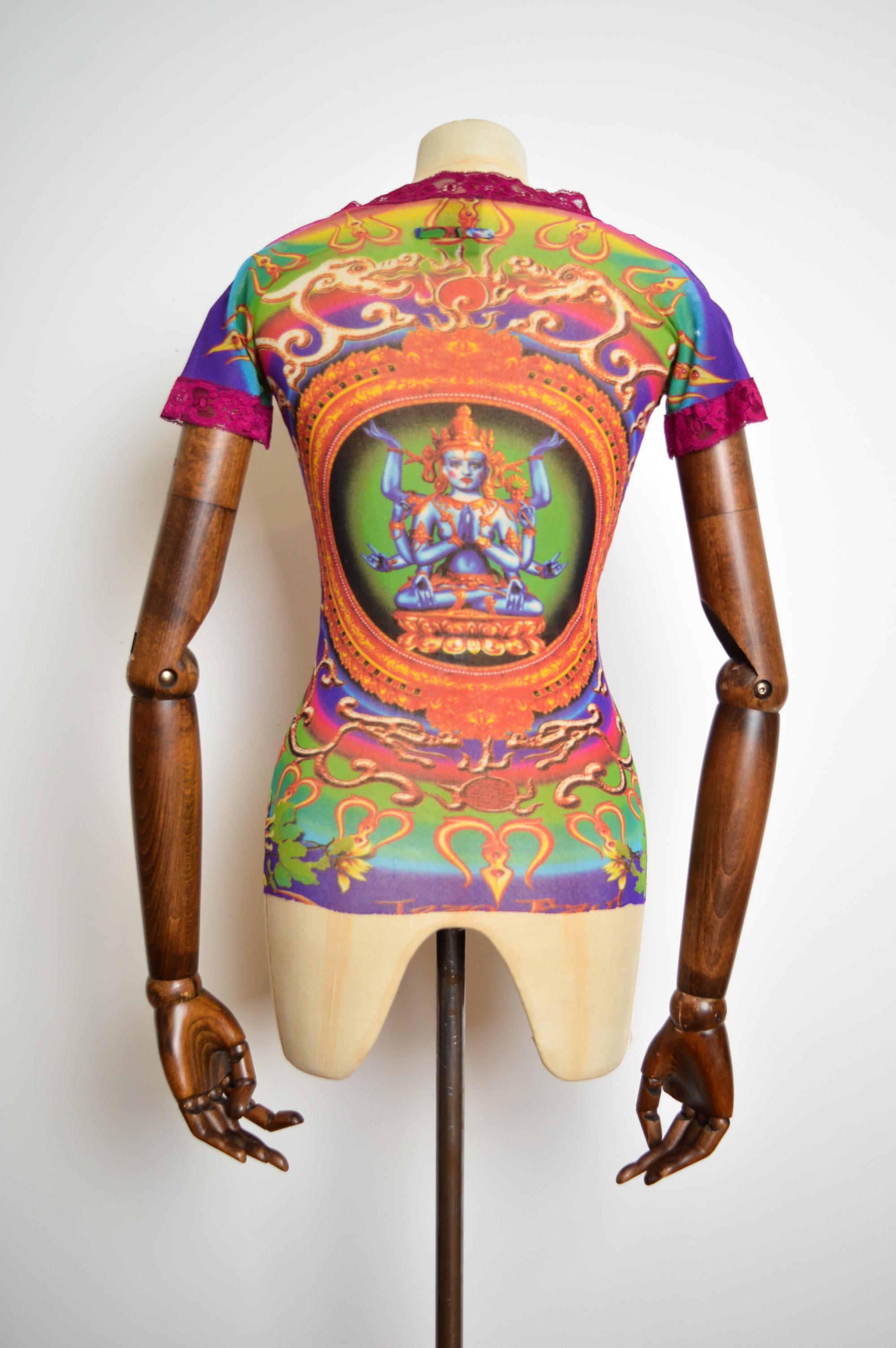 1993 Jean Paul Gaultier Blue Goddess Hindu Diety Colourful Mesh Top - Baby Tee For Sale 8