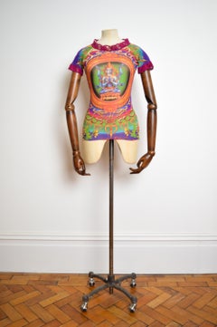 1993 Jean Paul Gaultier Blue Goddess Hindu Diety Colourful Mesh Top - Baby Tee