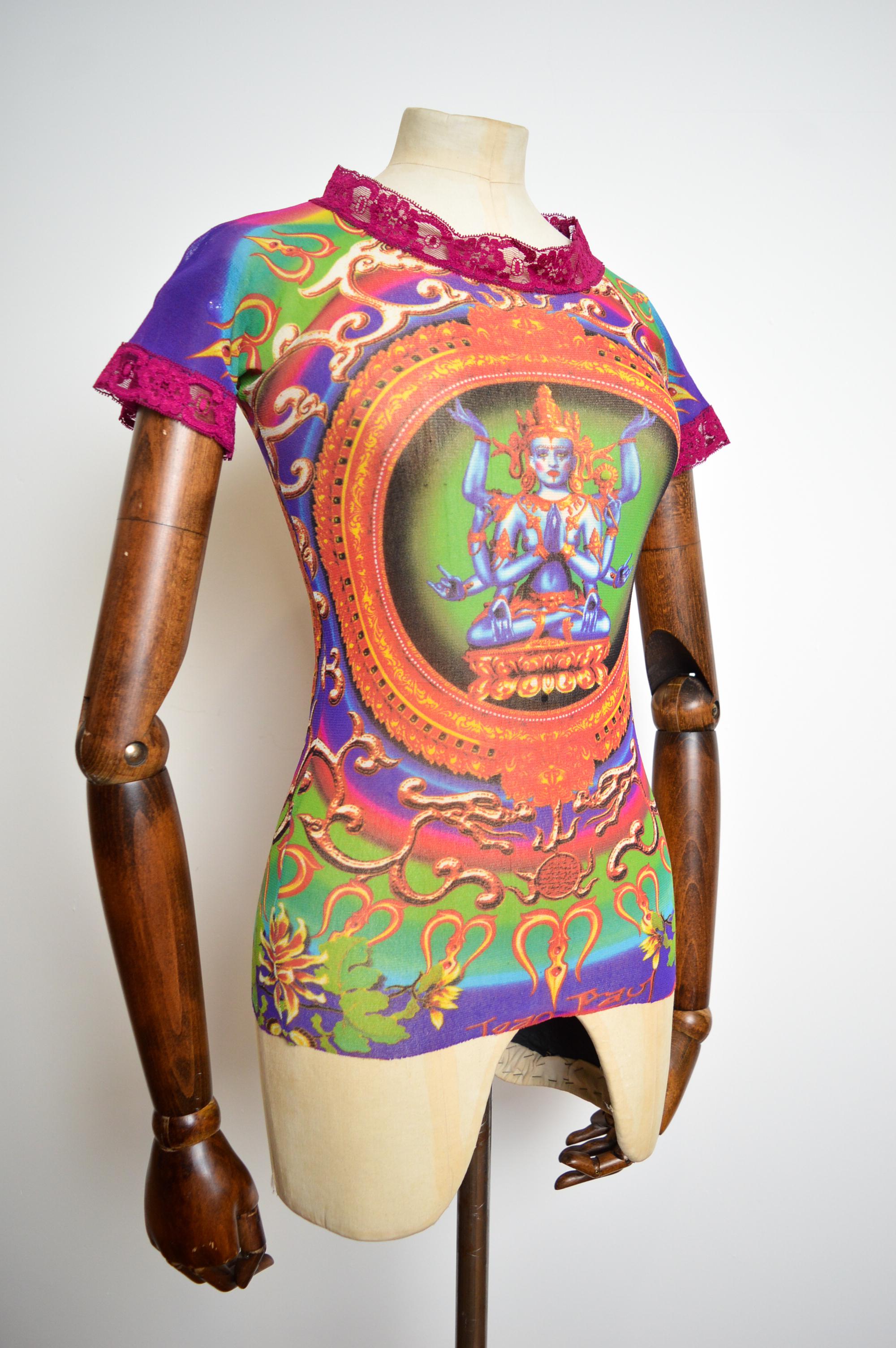 1993 Jean Paul Gaultier Blue Goddess Hindu Diety Colourful Mesh Top - Baby Tee In Good Condition For Sale In Sheffield, GB