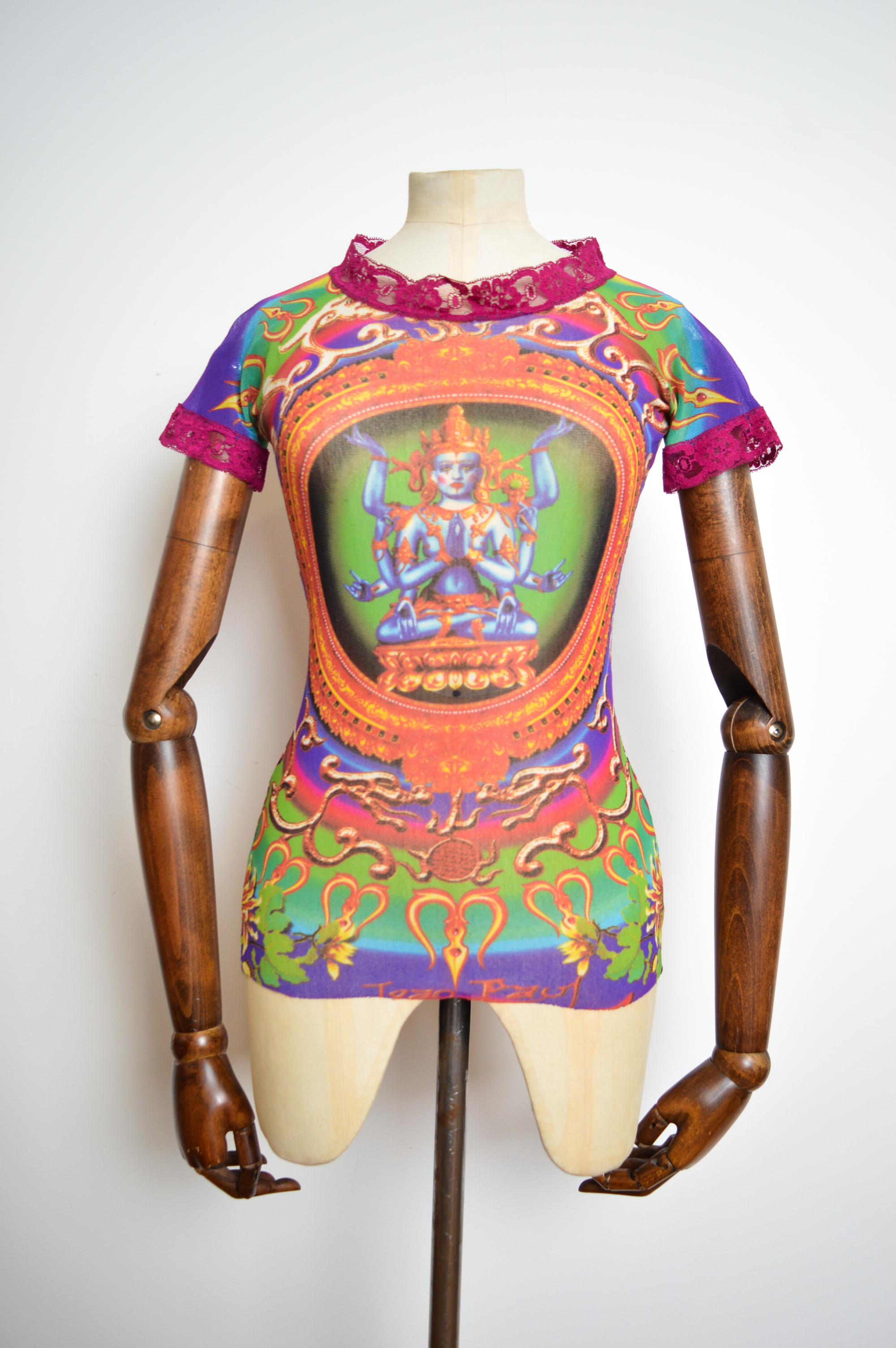 1993 Jean Paul Gaultier Blue Goddess Hindu Diety Colourful Mesh Top - Baby Tee For Sale 1