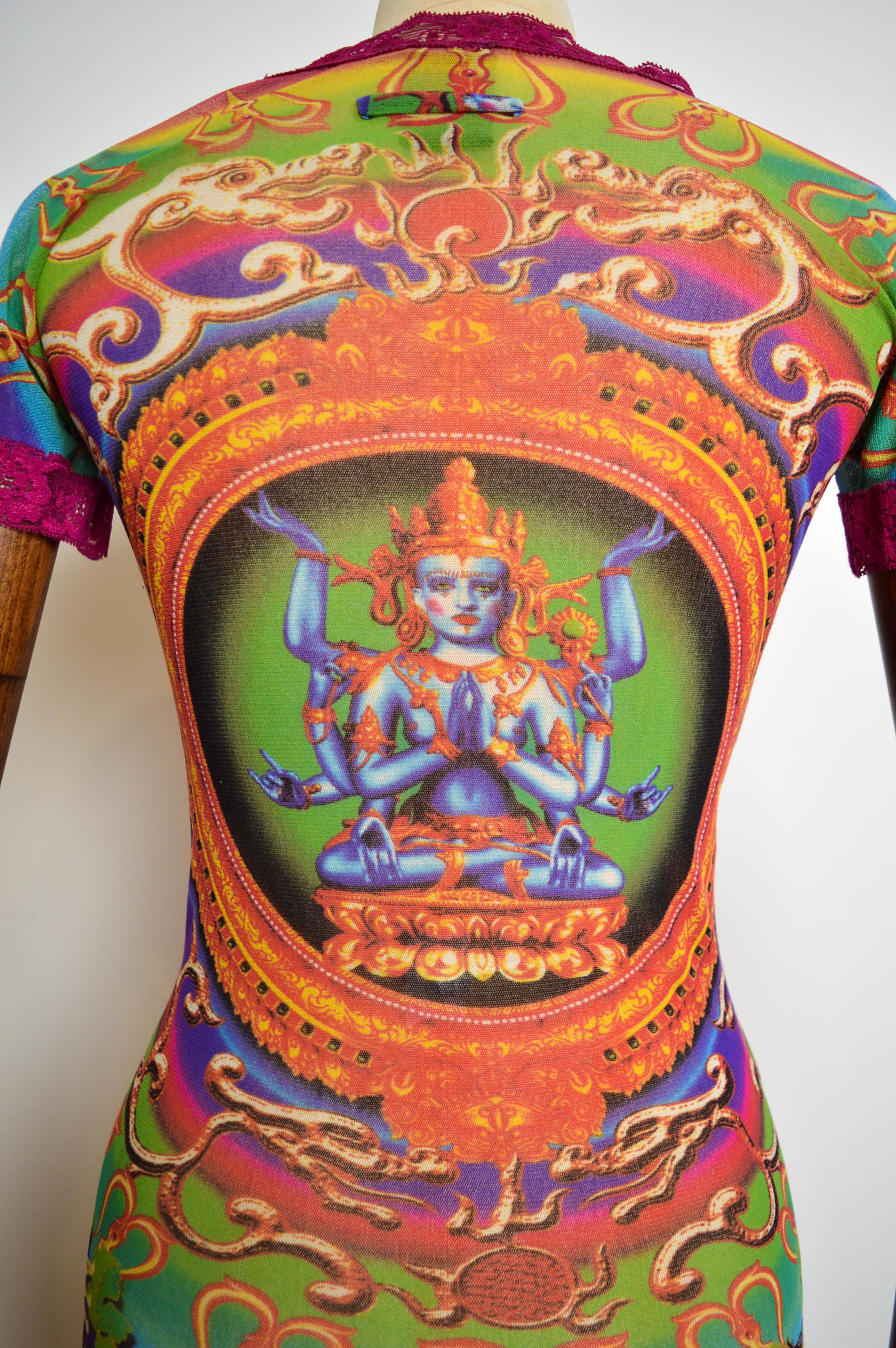 1993 Jean Paul Gaultier Blue Goddess Hindu Diety Colourful Mesh Top - Baby Tee For Sale 2