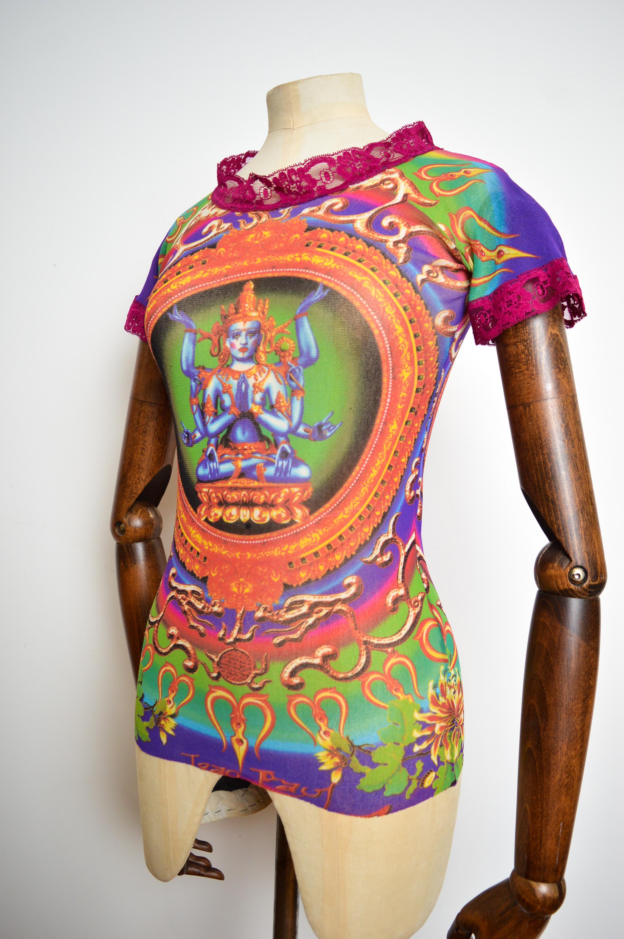 1993 Jean Paul Gaultier Blue Goddess Hindu Diety Colourful Mesh Top - Baby Tee For Sale 3