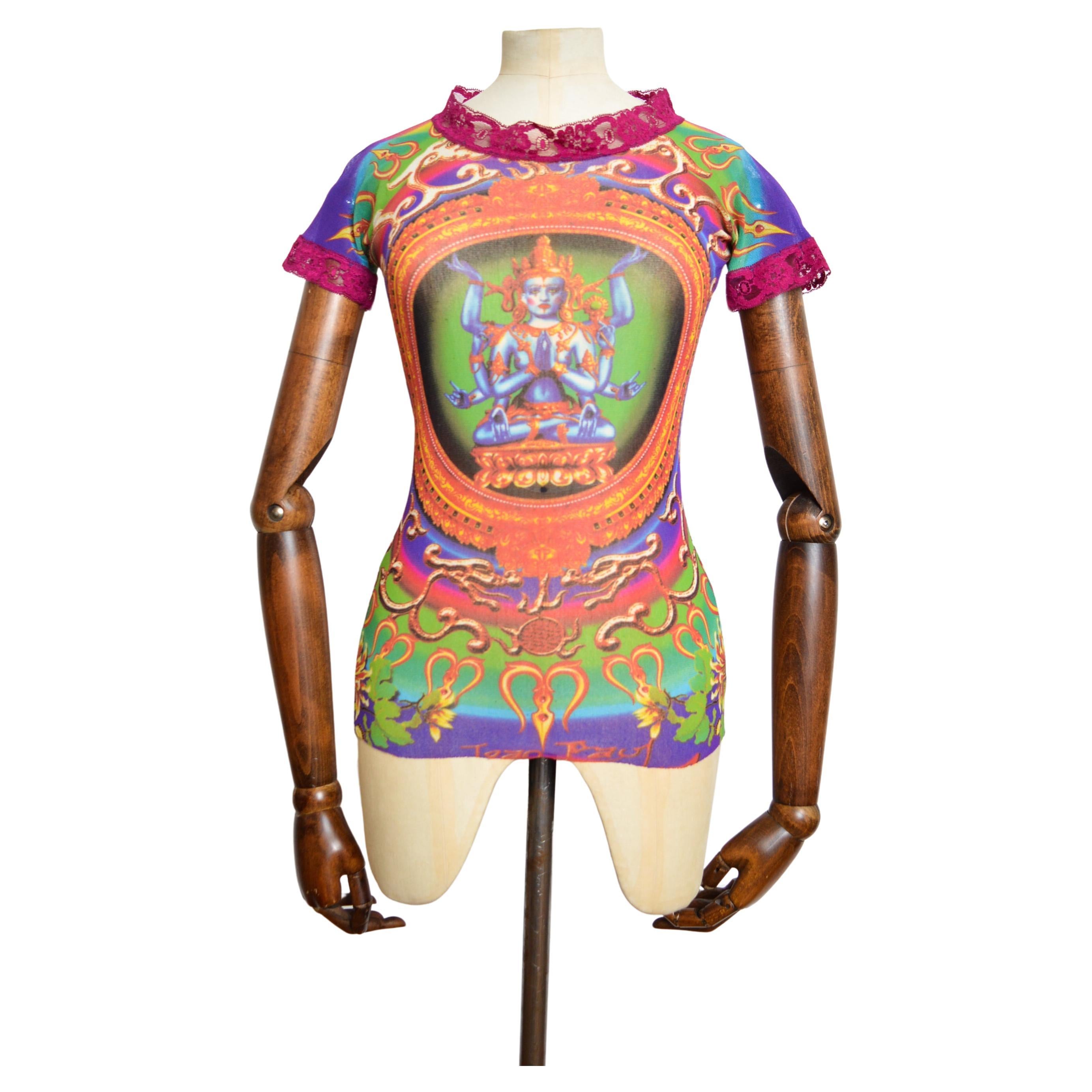 1993 Jean Paul Gaultier Blue Goddess Hindu Diety Colourful Mesh Top - Baby Tee For Sale