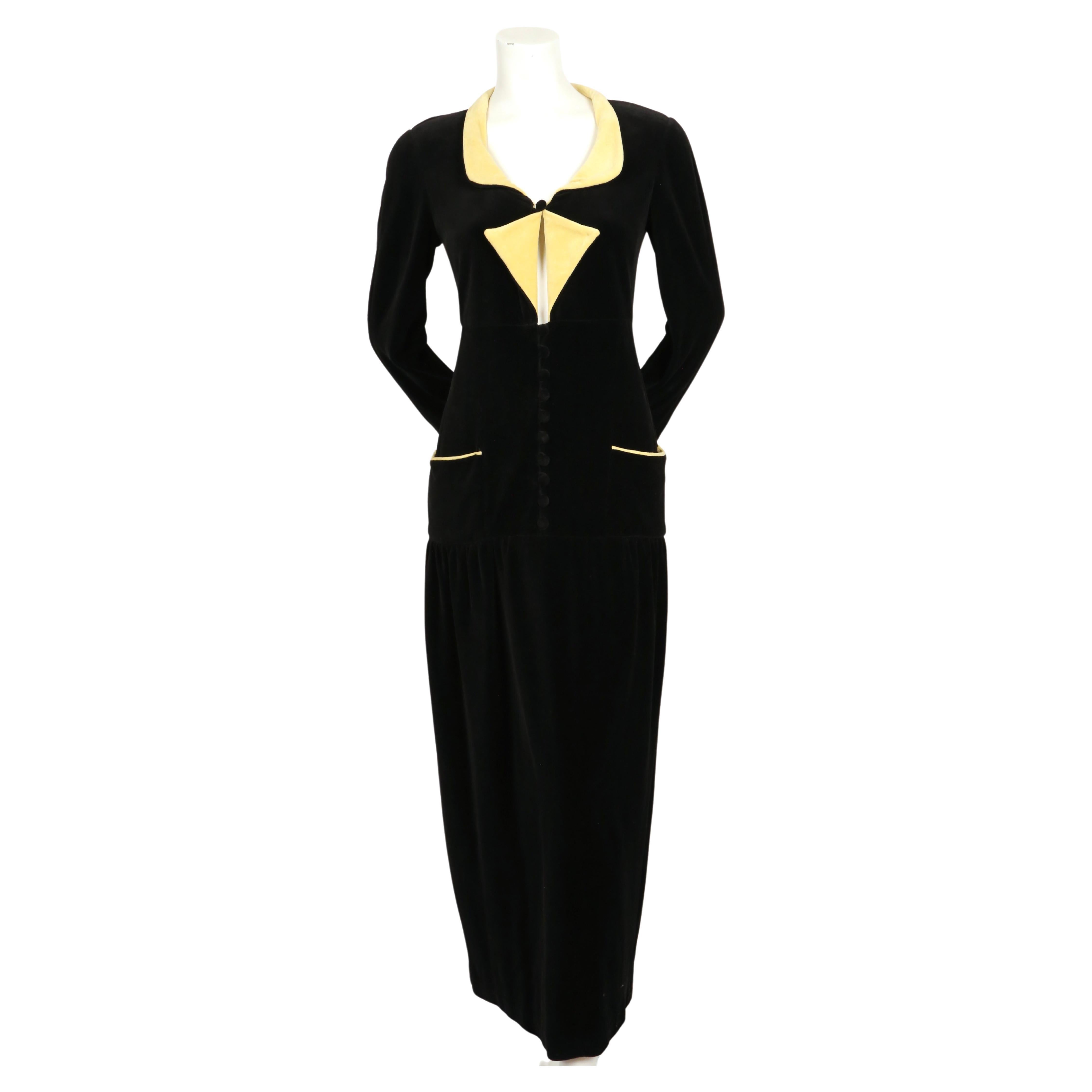 Very unique, 1940's style jet-black velvet dress with yellow accents designed by Karl Lagerfeld for Chloe dating to fall of 1993 exactly as seen on the runway worn by Yasmin Le Bon in an alternate color-way. Dress is labeled a French size 38.