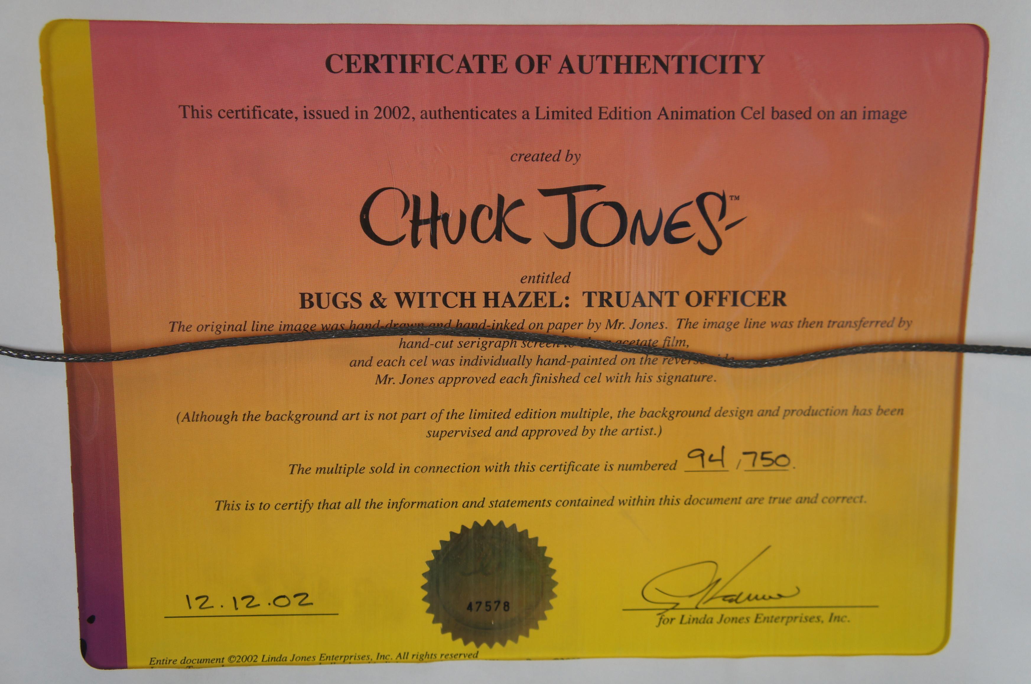 1993 Looney Tunes Chuck Jones Cel Bugs & Witch Hazel Truant Officer COA 2