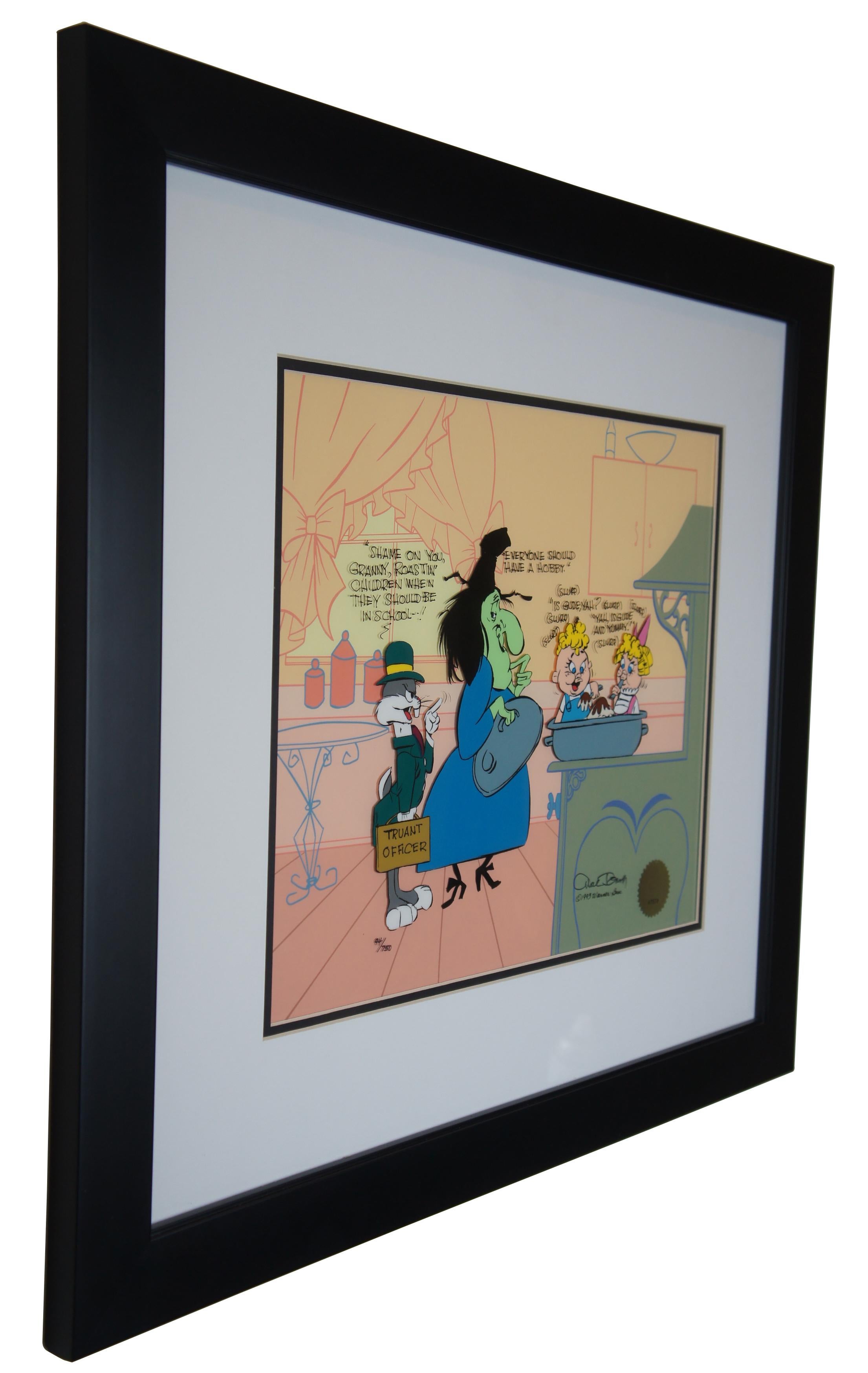 Vintage framed 1993 limited edition number 94/750 Looney Tunes / Warner Bros / Disney animation cel signed by Chuck Jones, titled Bugs and Witch Hazel: Truant Officer; includes certificate of authenticity. Features Bugs Bunny dressed as a truant