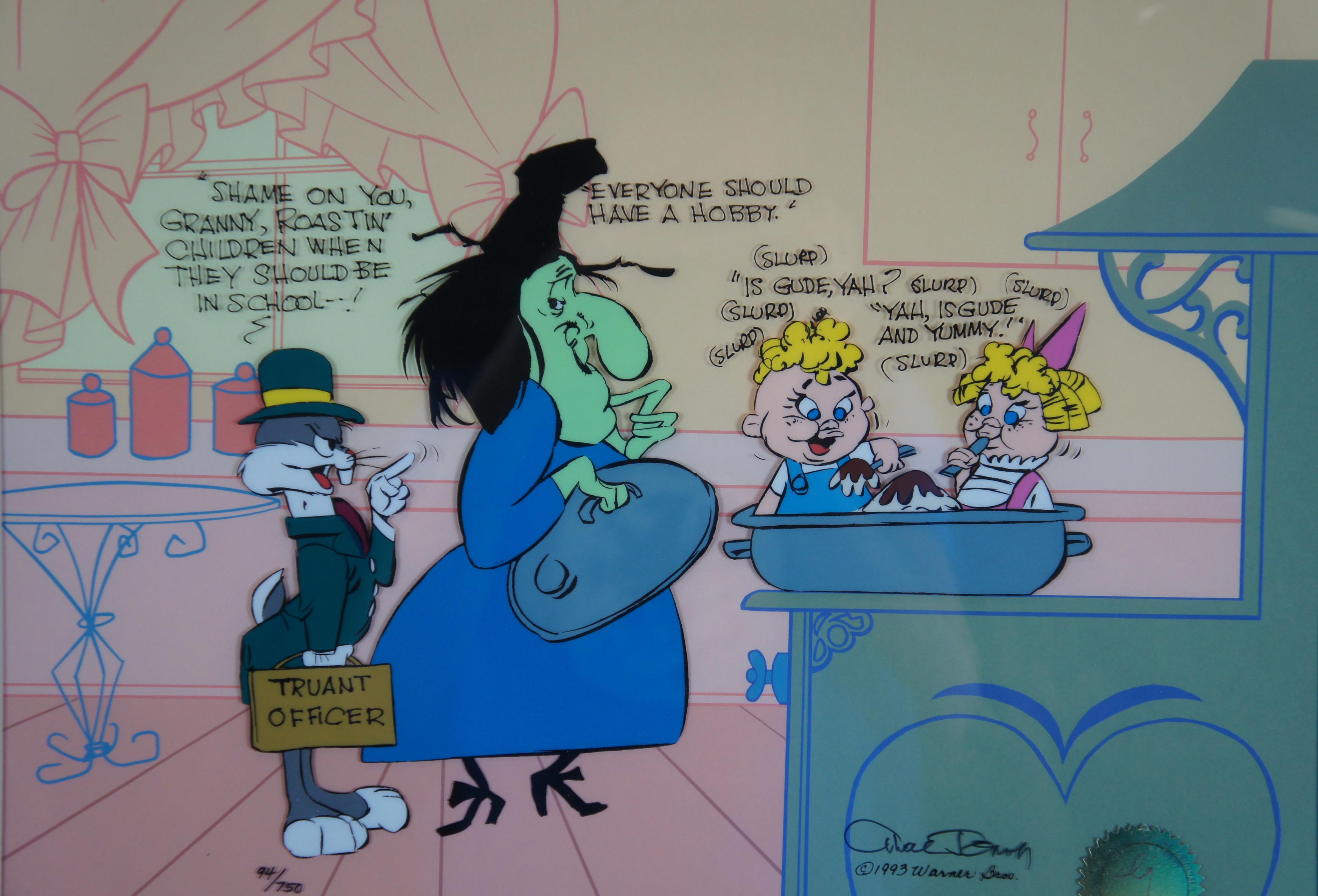 1993 Looney Tunes Chuck Jones Cel Bugs & Witch Hazel Truant Officer COA In Good Condition In Dayton, OH