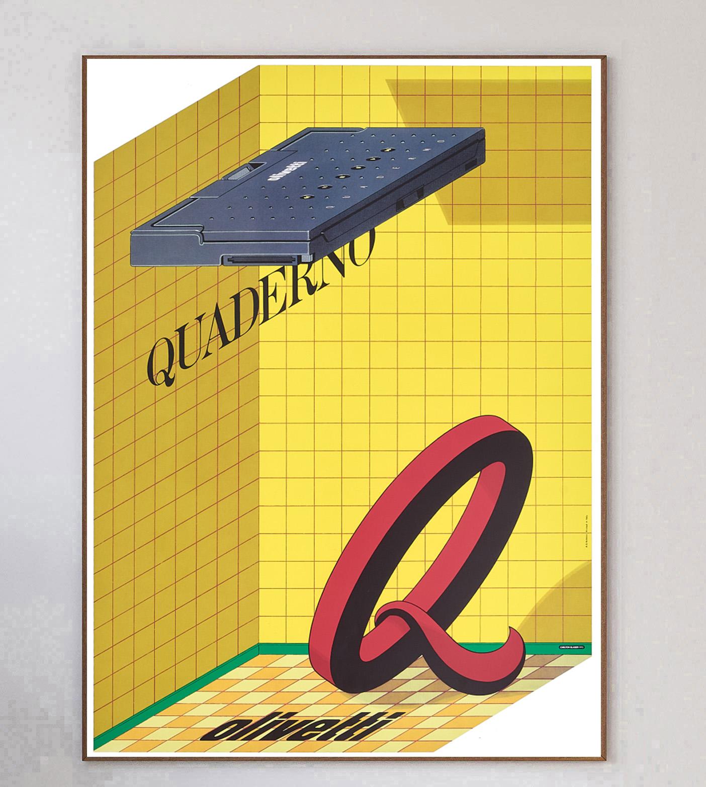 Questo bellissimo poster del 1993, realizzato dal designer americano Milton Glaser, è stato creato per promuovere il marchio italiano di macchine da scrivere Olivetti. Caratterizzato da un design retrofuturistico e vivace di Glaser, il pezzo è stato