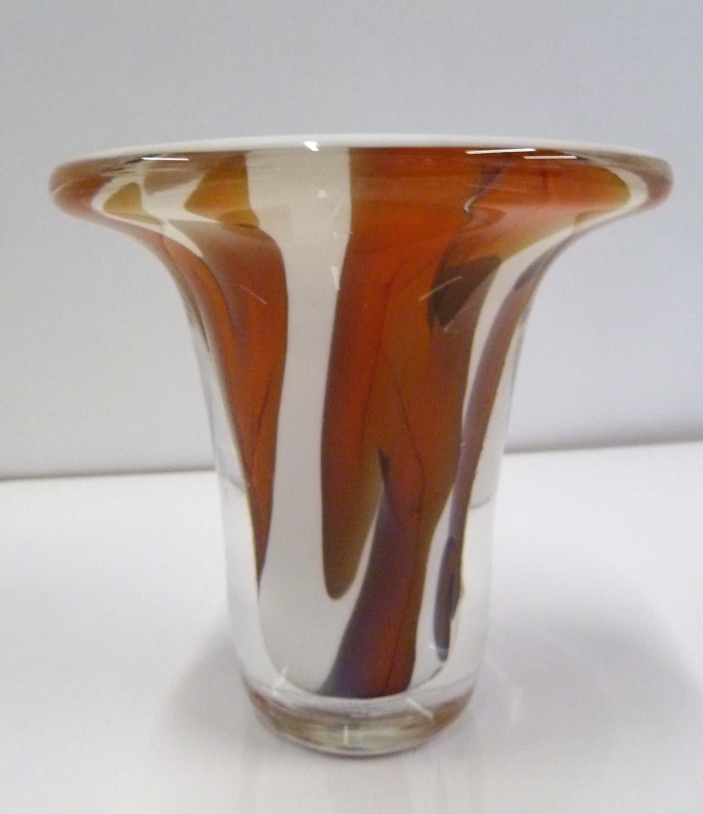 REDUCED FROM $300....Nanny Still (McKinney) for Studio Glass Val Saint Lambert in 1993, a flared vase vessel. Thick walled blown cased glass with dark carrot colored inclusions. Unique studio piece.
Signed in the glass: NS 66 1993 Studio Val
With