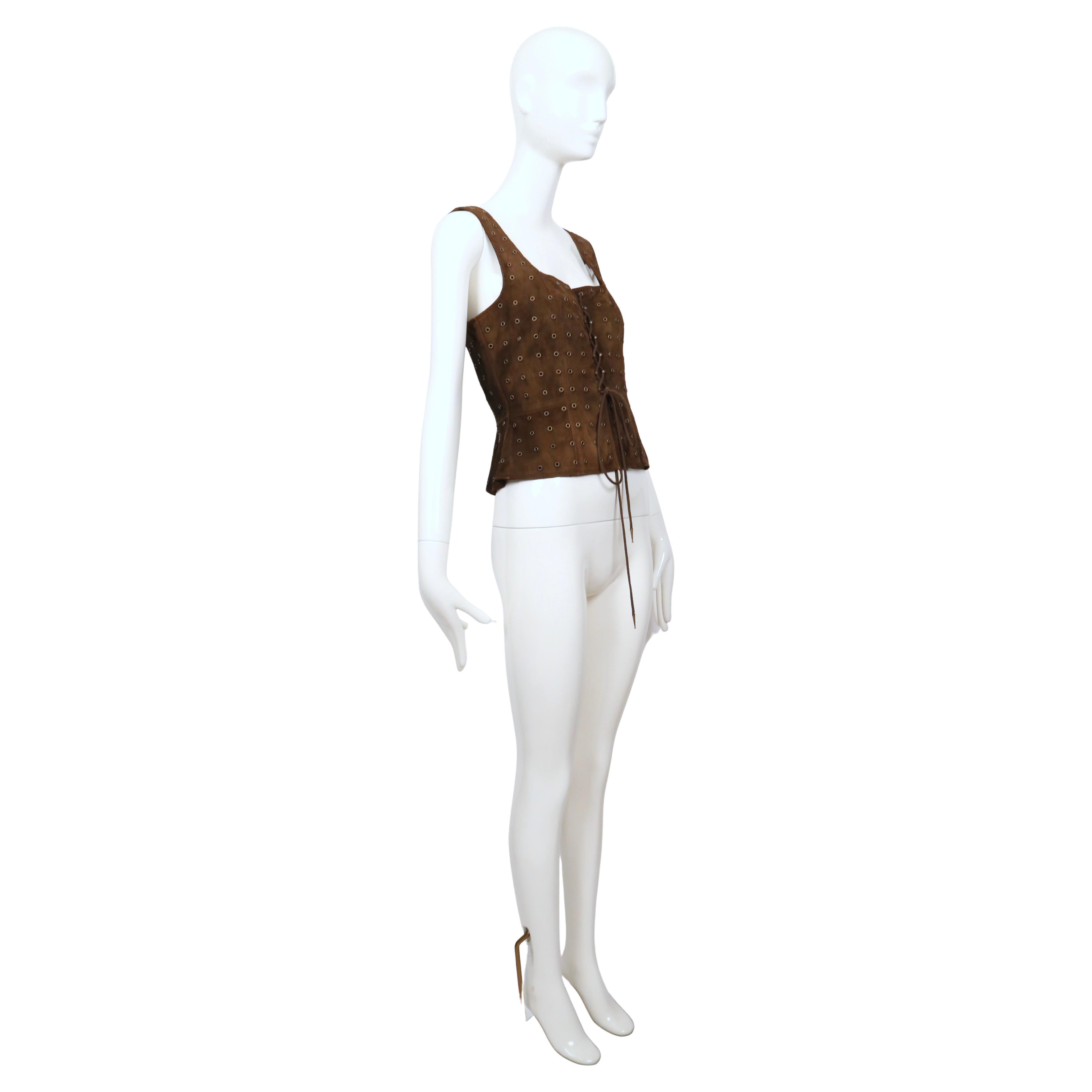 Gris 1993 PRADA brown suede RUNWAY corset with grommets en vente