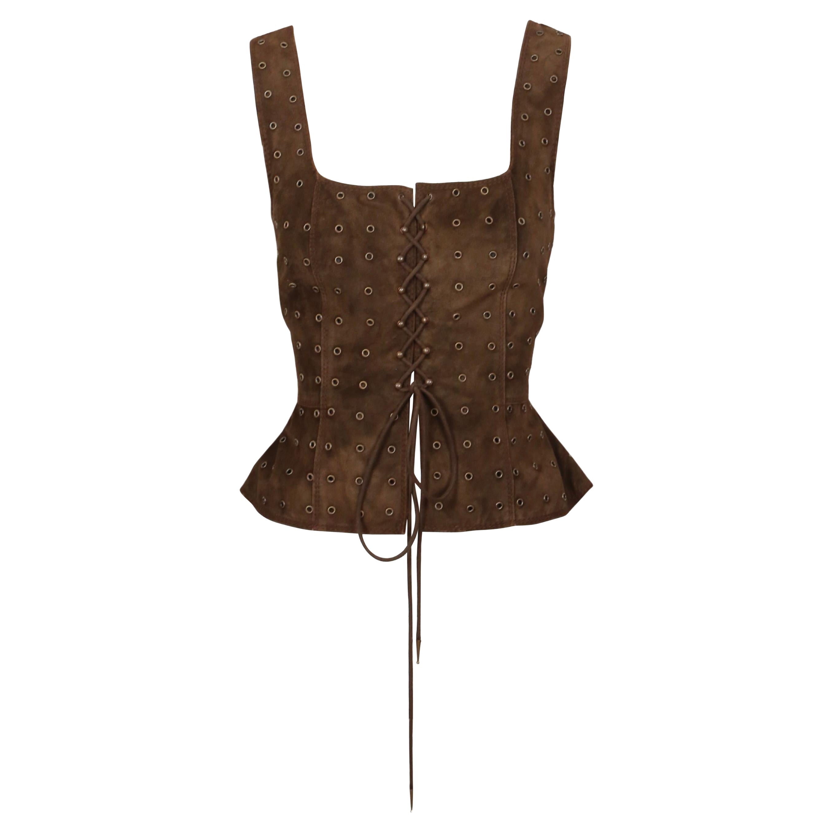 1993 PRADA brown suede RUNWAY corset with grommets en vente