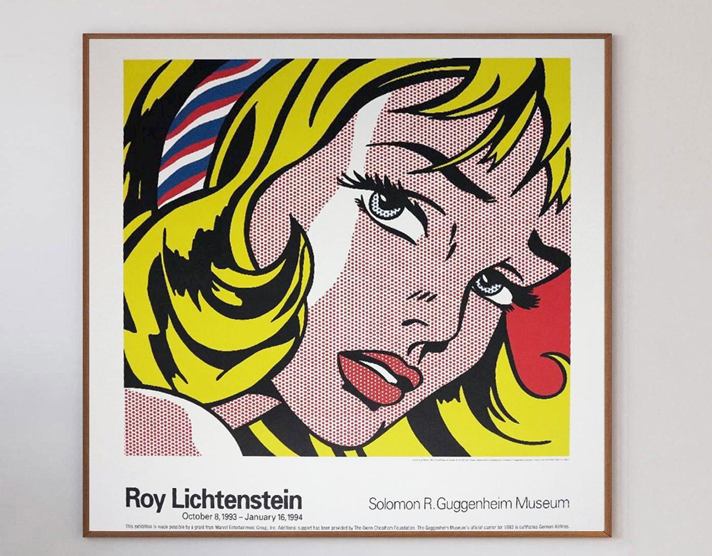 This beautiful poster is for Roy Lichtenstein's exhibition at the iconic Solomon R. Guggenheim Museum in New York in 1993 and features Lichtenstein's 1965 artwork 