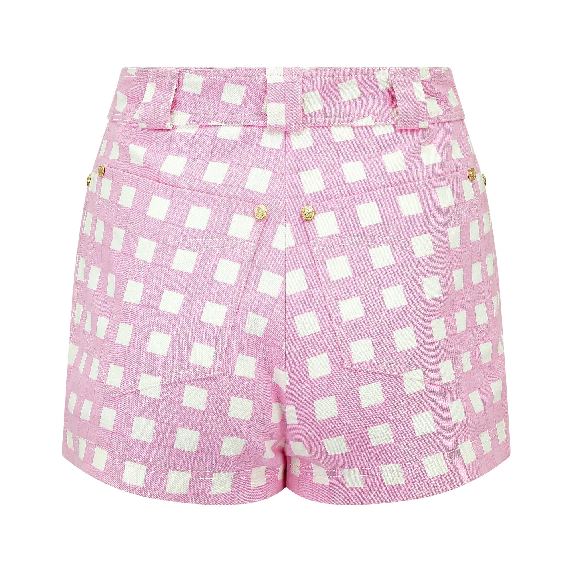 1993 Runway Gianni Versace Pink and White Gingham Shorts In Excellent Condition For Sale In London, GB