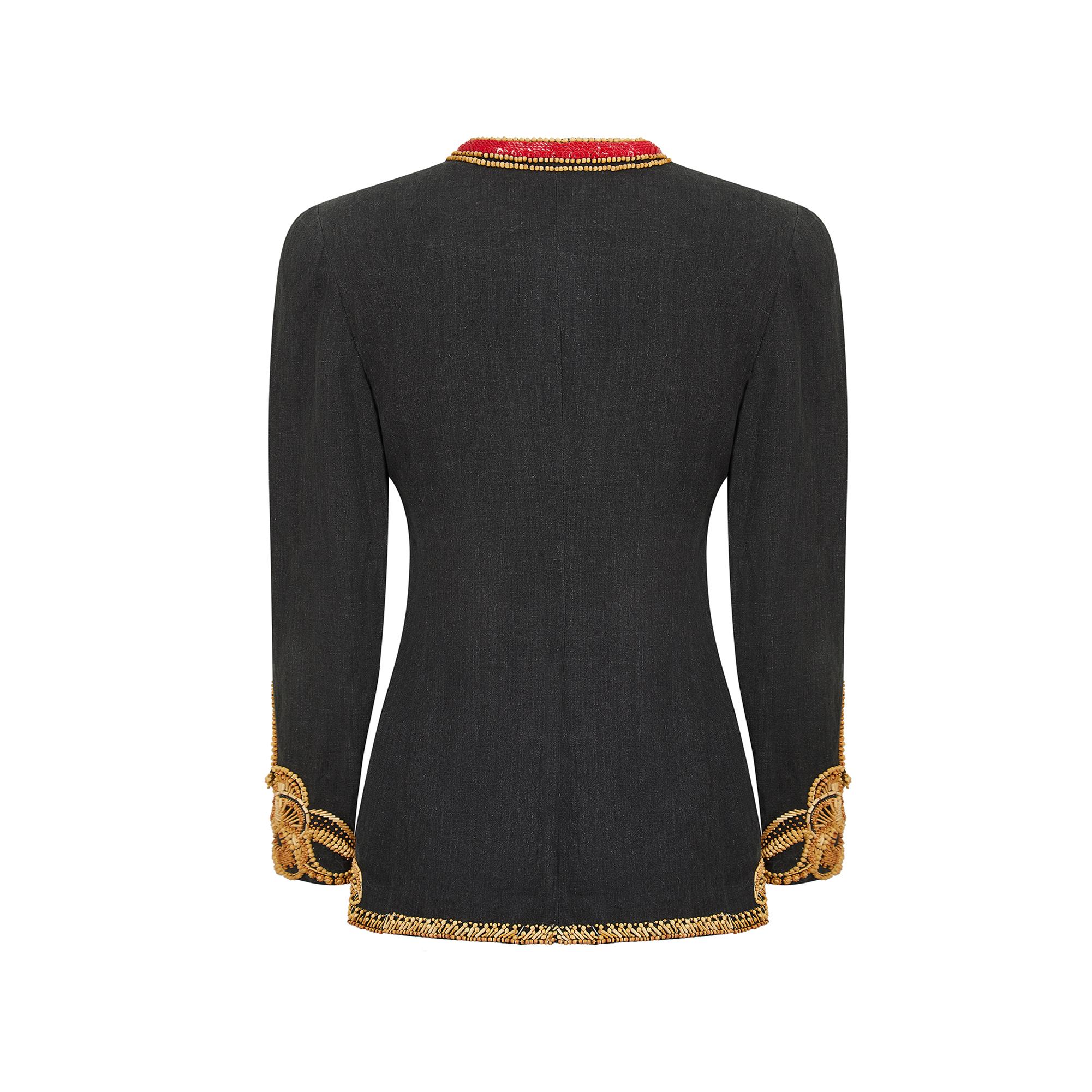 Black 1993 Runway Krizia Grey Wool Embellished Military Style Jacket For Sale