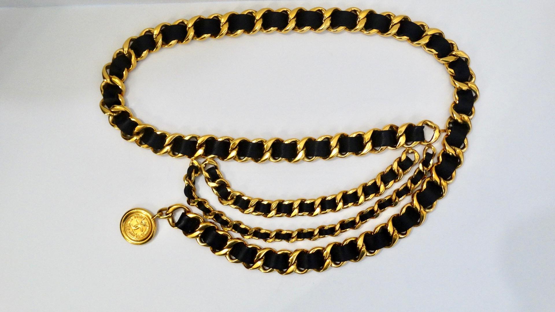 Beige 1993 Spring Chanel Black Leather Chain Link Medallion Belt 