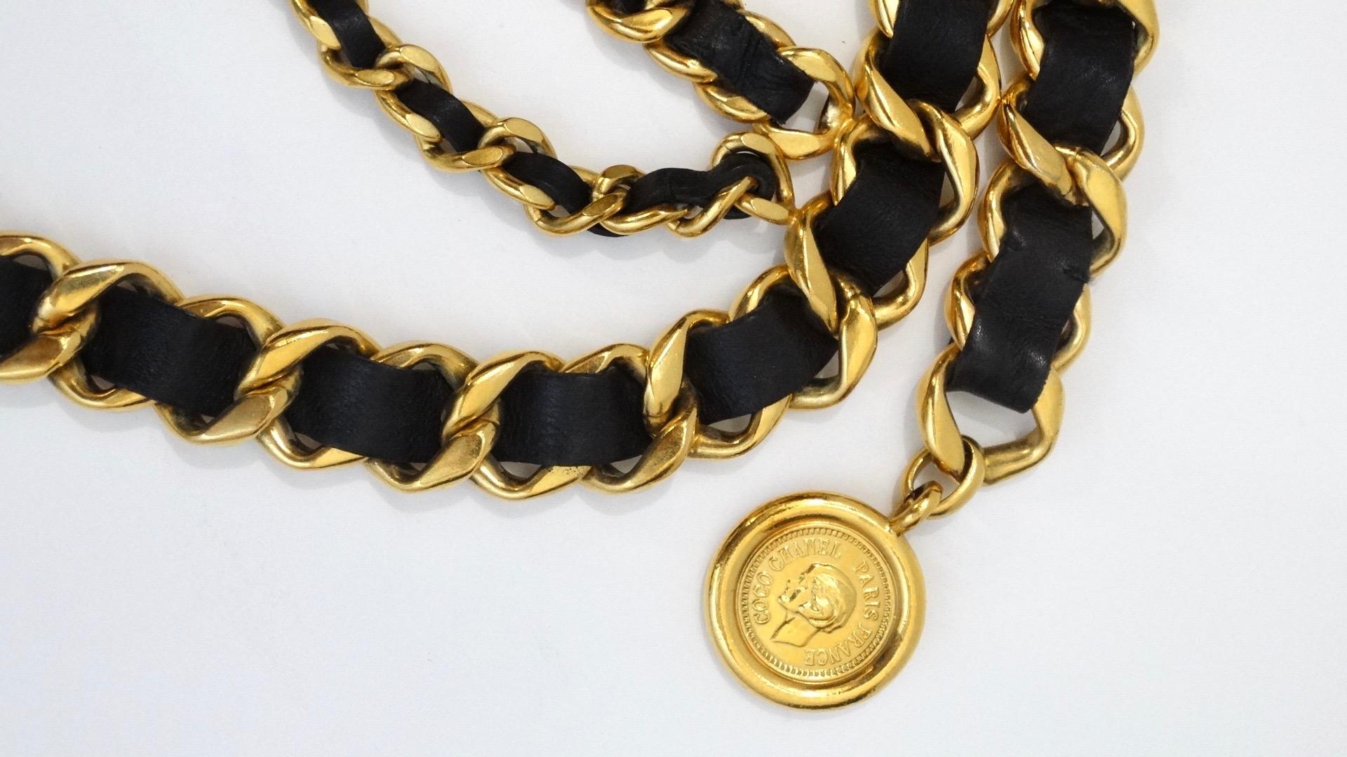 Women's or Men's 1993 Spring Chanel Black Leather Chain Link Medallion Belt 