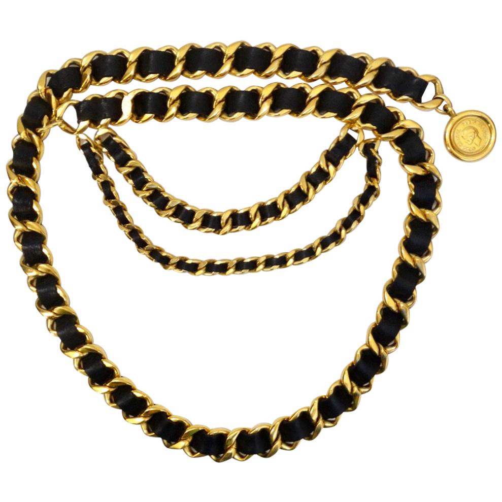 1993 Spring Chanel Black Leather Chain Link Medallion Belt 
