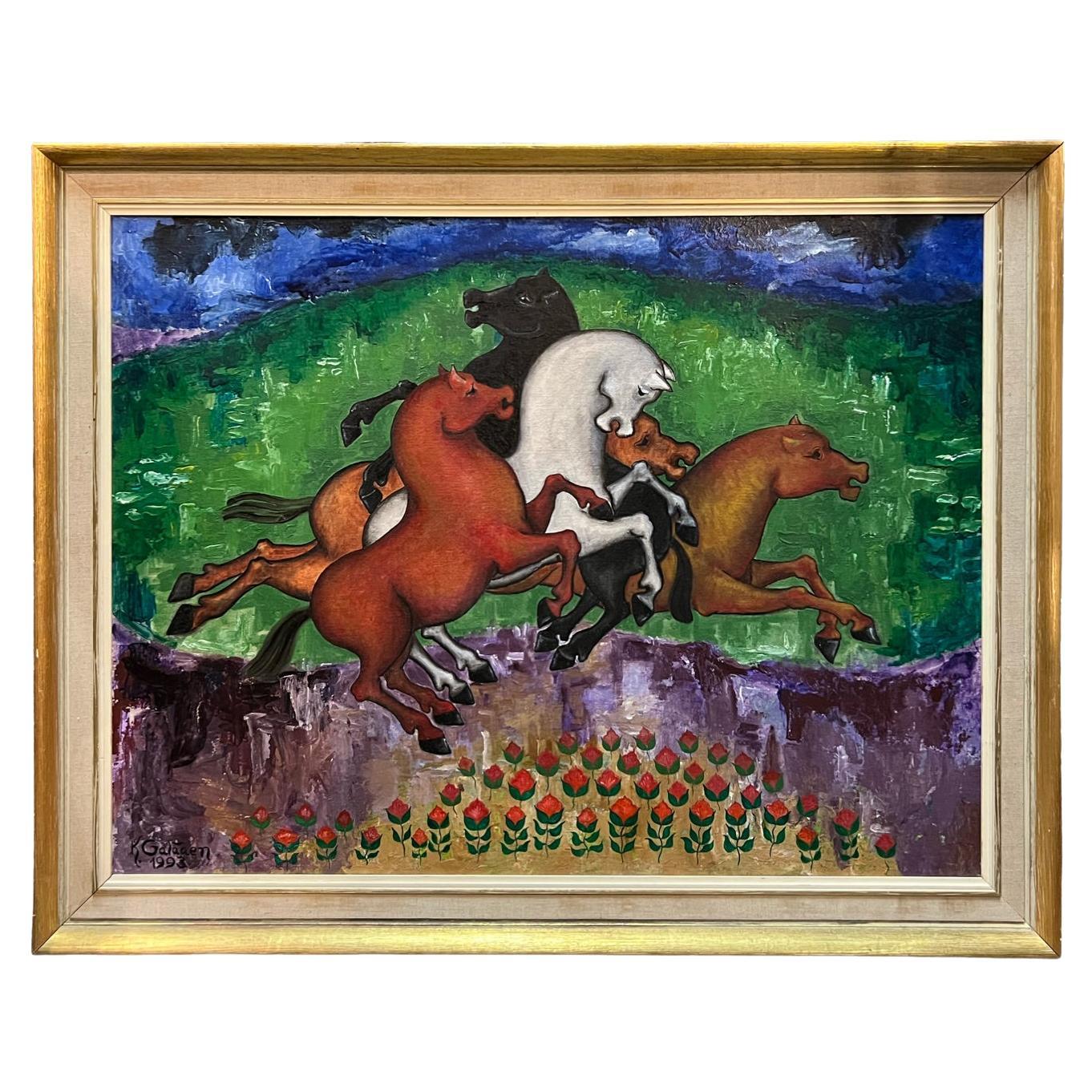 1993 "Rapsodia de primavera: caballos, flores, praderas" de Konrad Galaaen (1923-2004) en venta